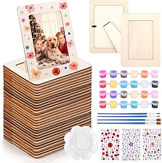 Fovths 20 Pcs Wooden Picture Frames for Crafts, 4 x 6 Inch DIY Wood Frames with Gem Stickers Acrylic Paint Brushes Palette, Unfinished Wood Photo Frame for DIY Painting Arts Projects Decorate