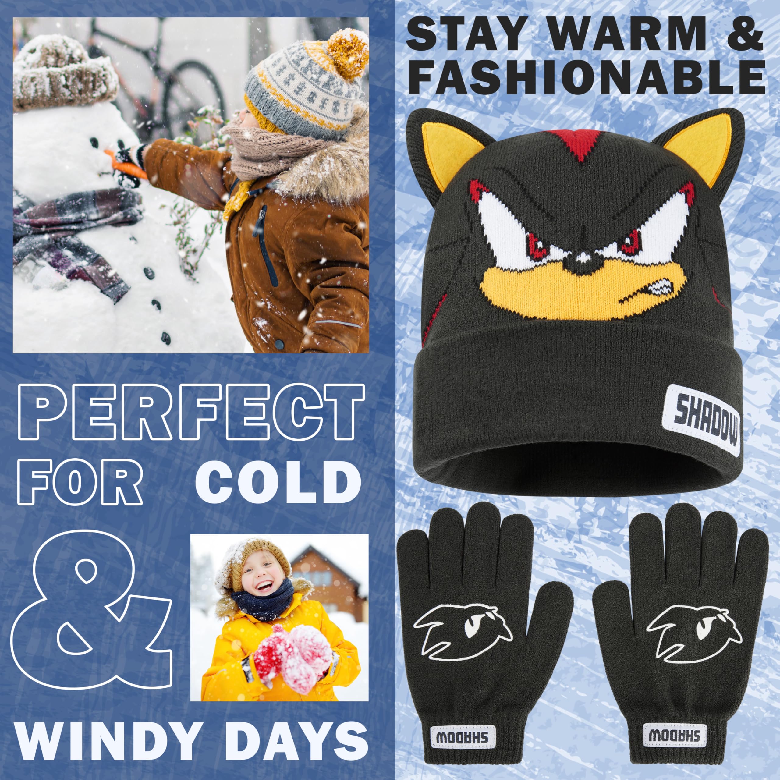 SONIC THE HEDGEHOG Czapka beanie i zimowe rękawiczki zestaw dla chłopców w wieku 4-12 lat, ciepłe, przytulne dzianinowe akcesoria zimowe, prezenty dla chłopców