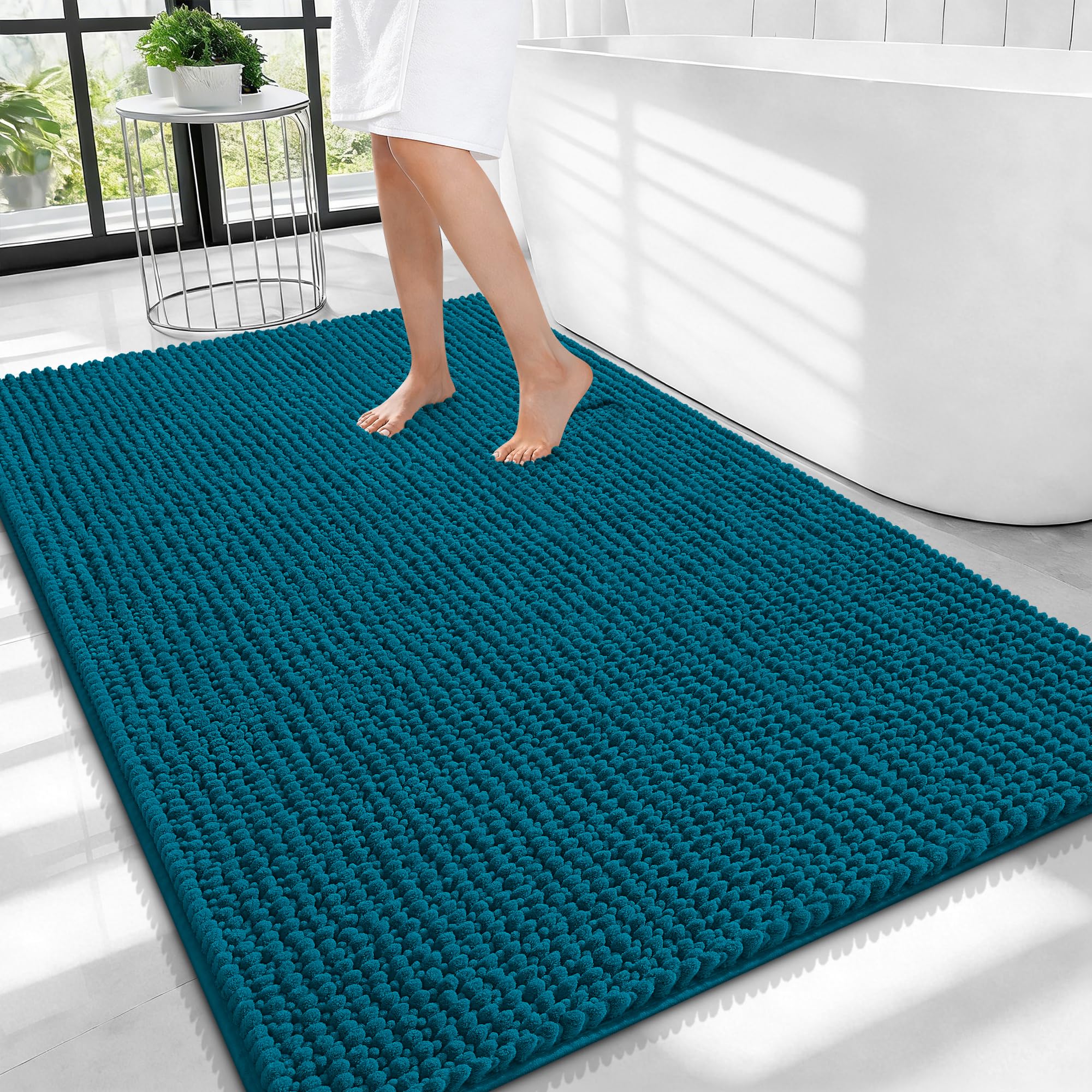 OLANLY Thick Chenille Large Bathroom Rugs Mats 40x32, Peacock Blue