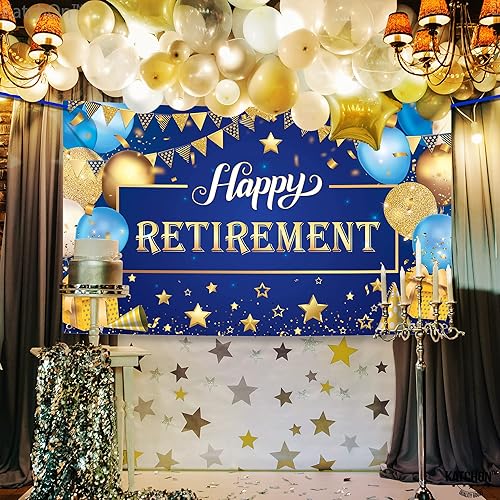 Miniatura 7 de KatchOn, Banner de jubilación feliz - 72 x 44 pulgadas  Fondo de jubilación feliz azul y dorado  Decoraciones de fiesta de jubilación  Decoración de