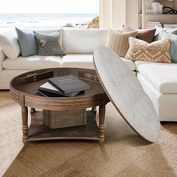 Large Round Tufted Ottoman Coffee Table with Storage, 31.5" Upholstered Farmhouse Storage Ottoman with Wooden Shelf Spindle Legs, Waterproof Linen Fabric Footrest Pouf for Living Room Light Gray