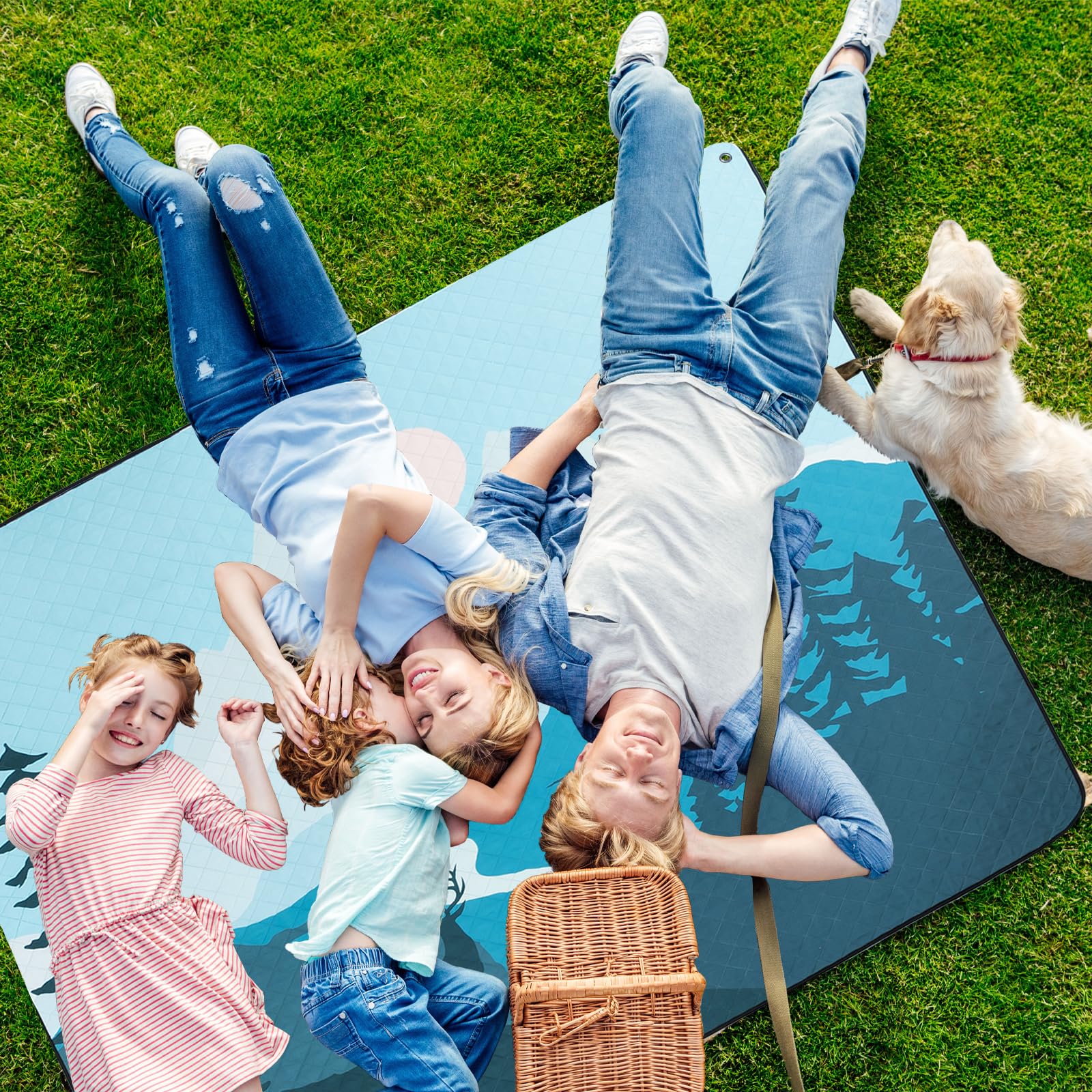 PY SUPER MODE Coperta da picnic impermeabile extra large, 200 x 200 cm, 5 strati, per spiaggia, campeggio, parco, prato, sistema di ancoraggio antivento con paletti, pieghevole, blu e marrone