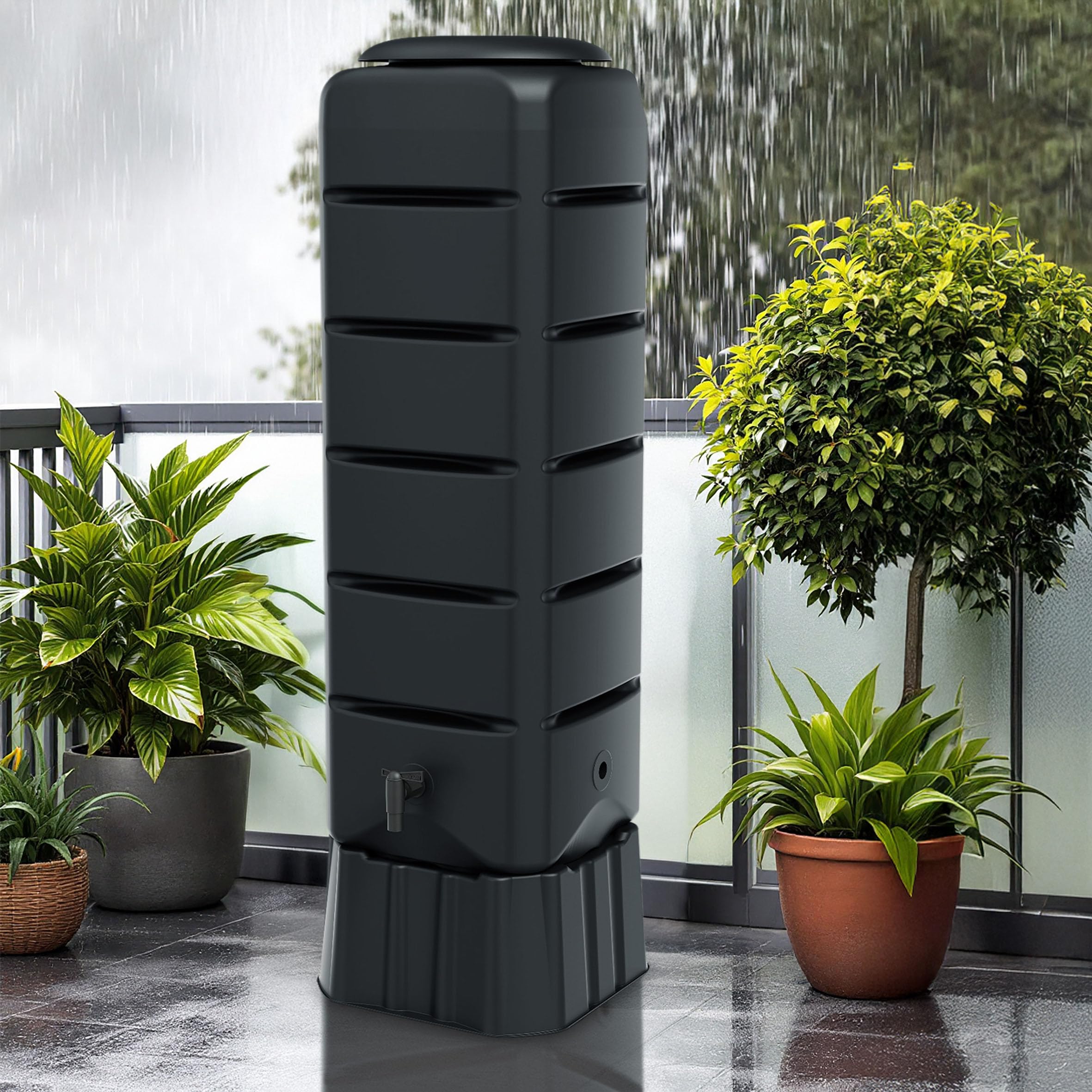 Récupérateur d'eau de pluie rectangulaire anthracite avec robinet et sangle de sécurité - 120 l - En plastique - Gris - 130 x 37 cm - Avec pied - Réservoir d'eau de pluie - Réservoir d'eau de jardin