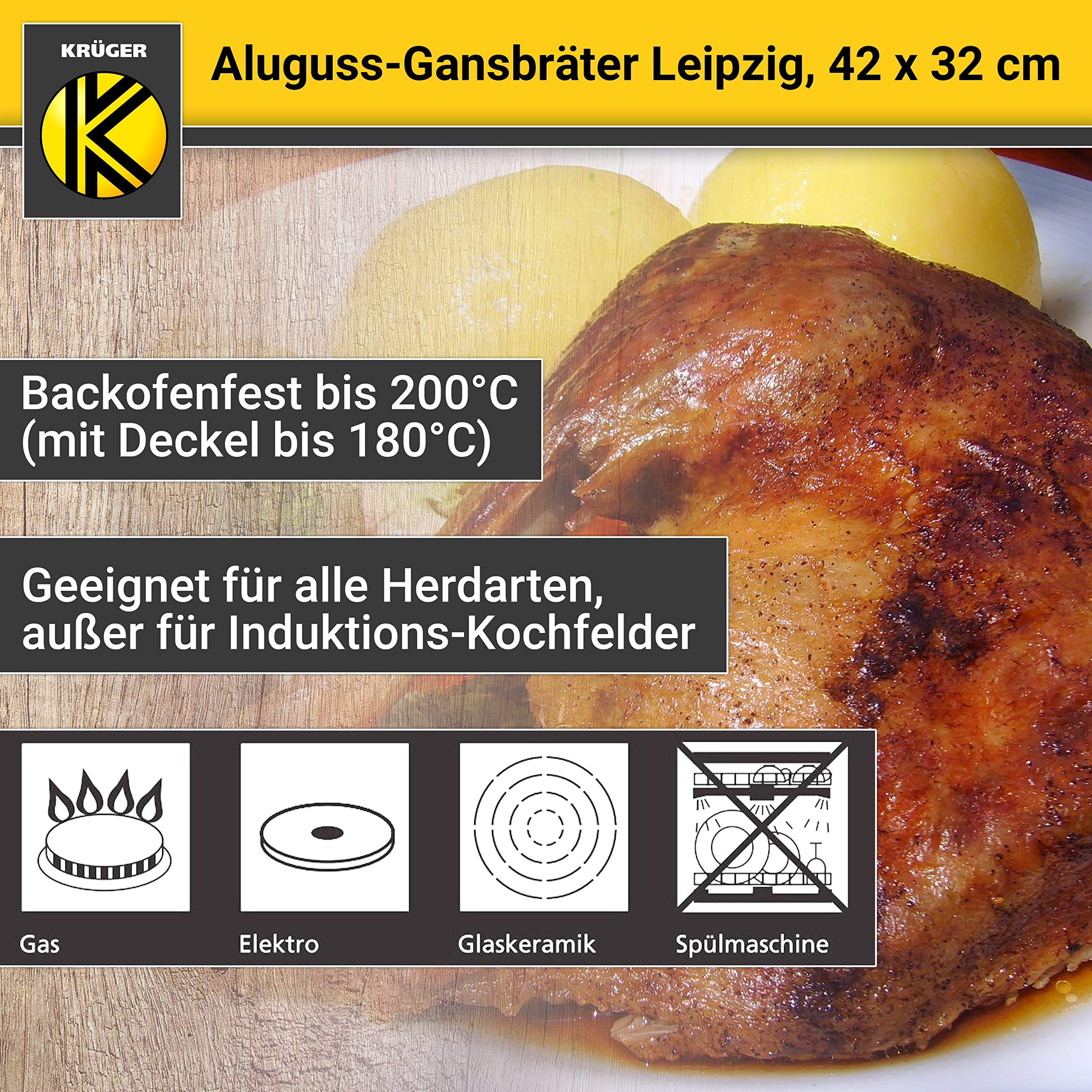 Krüger Aluguss-Bräter - Bräter mit Antihaft-Versiegelung (Aluguss-Gansbräter Leipzig - ohne Induktion (42 x 32 cm))