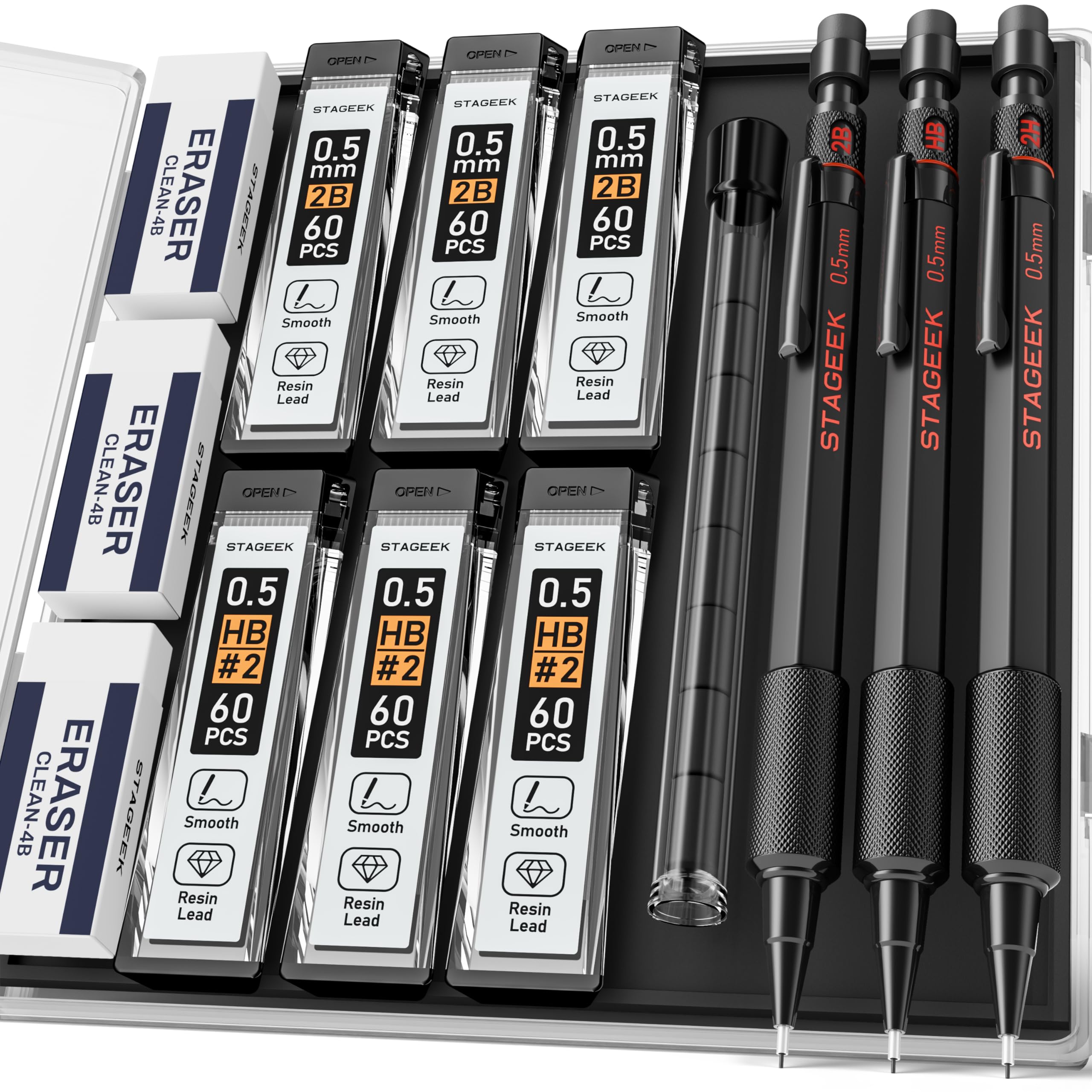 STAGEEK Metal Mechanical Pencils 0.5, with 6 Tubes (360PCS) HB & 2B Lead Refills, 3PCS Weatherproof Body Outdoor Artist Lead Pencils with Case, 4B Erasers, for Writing Drafting Drawing and Sketching