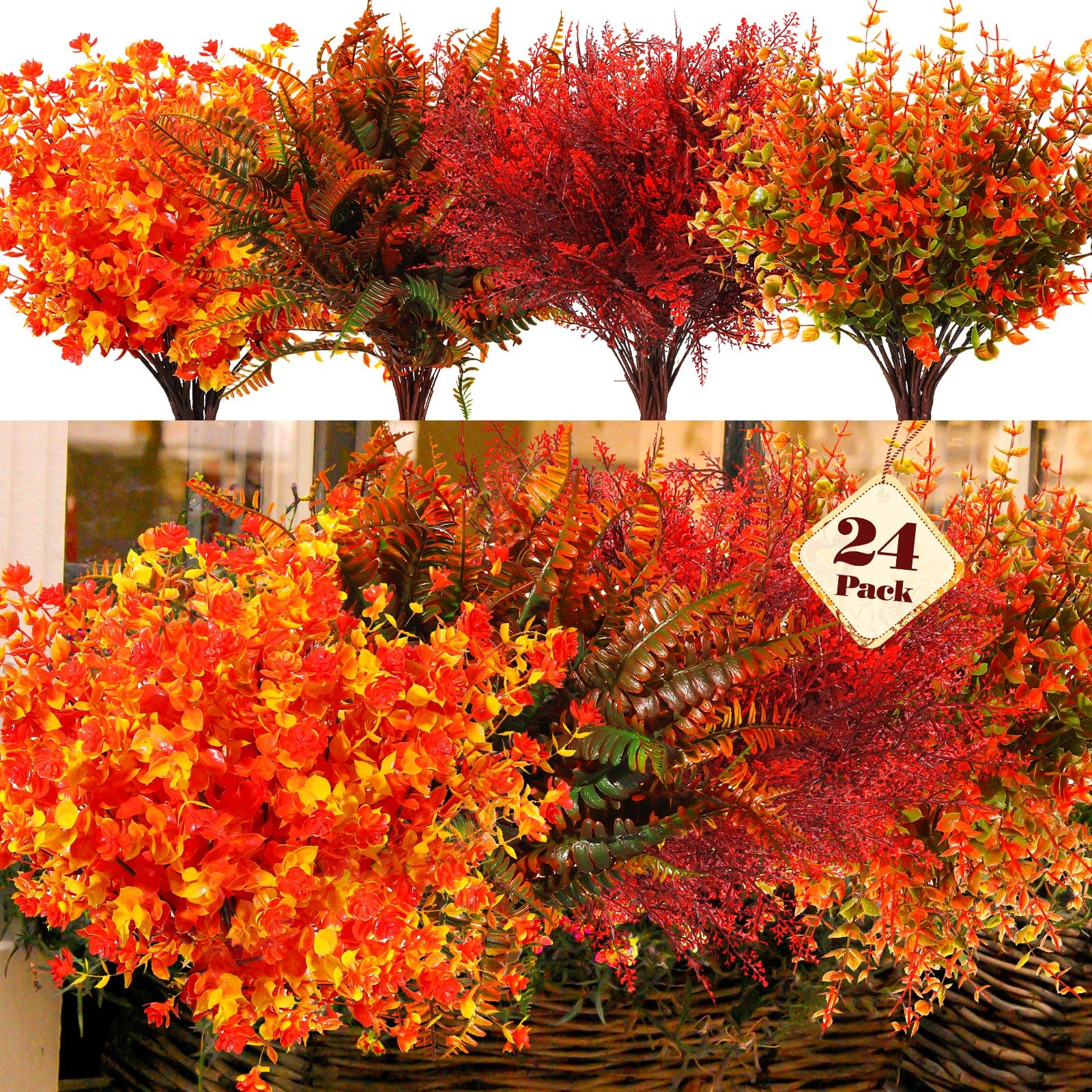 24 Bundles Fall Artificial Flowers UV Resistant Artificial Outdoor Flowers Yellow Orange Flowers Faux Flowers Decorations for Home Garden Porch Wedding Autumn Decor