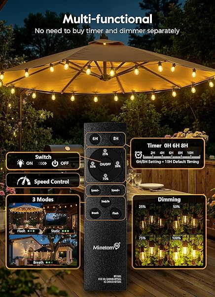 Minetom 100FT Solar-String-Lights-Outdoor-Waterproof, 31+2LED S14 Shatterproof Bulb, Patio Lights with Remote Type-C Port Timable, 3 Light Modes Dimmable Solar String Lights for Outside, Yard, Camping - 4