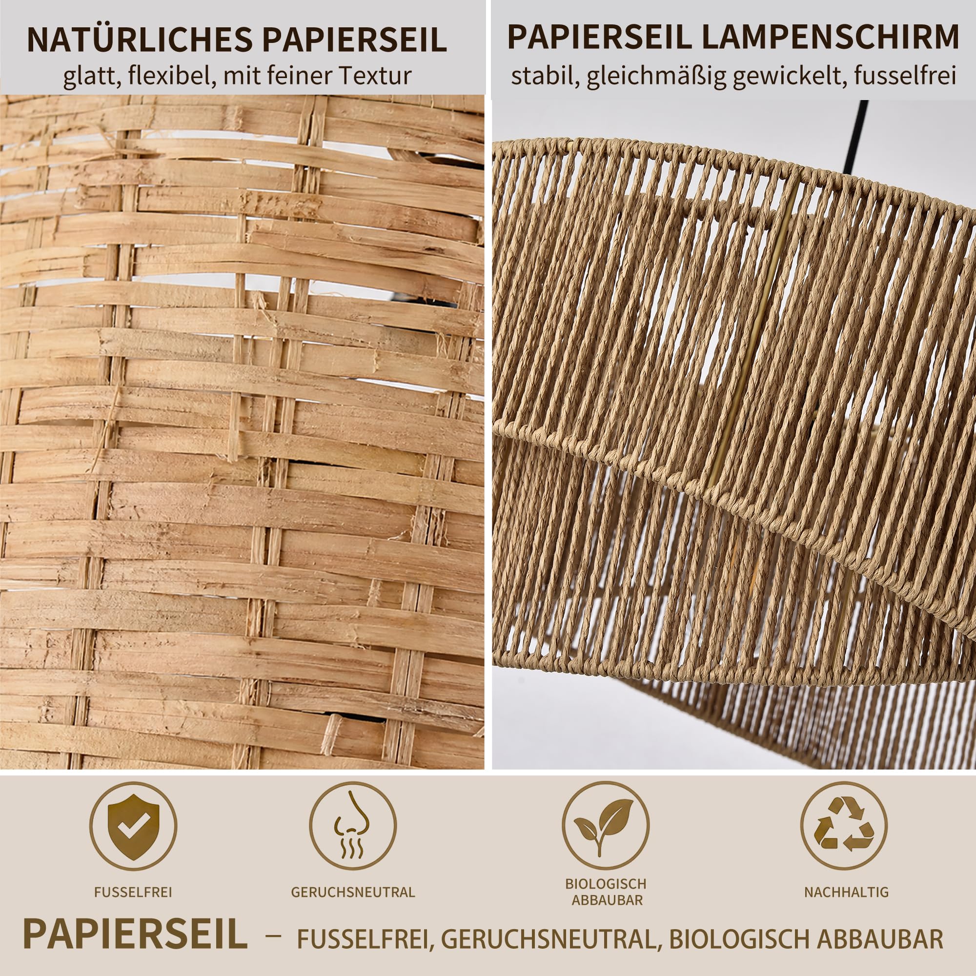 Hängelampe Skandi Ø45cm – 2-stufige Pendelleuchte aus Papierseil, Trapez-Design, höhenverstellbar, E27 – ohne Glühbirne