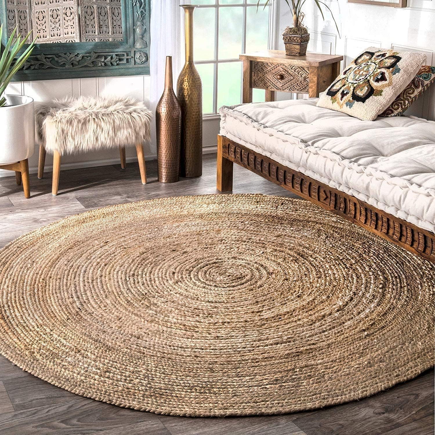 LINGWEINatural Jute Rug Jute Carpet Hand Woven Jute Carpet Farmhouse Jute Area Rug Carpet Natural Handmade Jute Mat Area Rug Jute Carpet For Home Living Room Bedroom 120x120cm