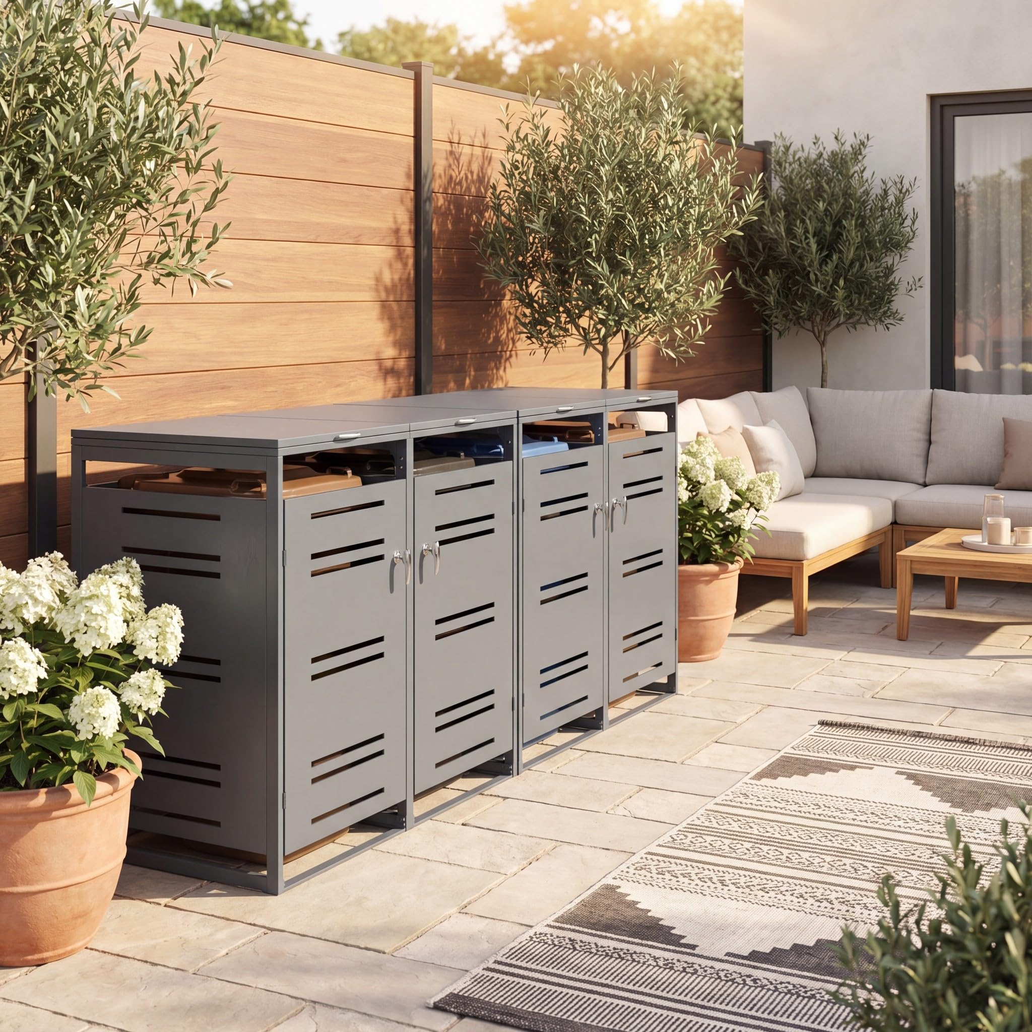 GYMAX Cache Poubelle Extérieur en Métal, Abri Double pour 2 Poubelles de 240 L, Porte Verrouillable, Couvercle Ouvrable, 132 x 80 x 117 cm, pour Jardin, Pelouse, Terrasse (Gris)
