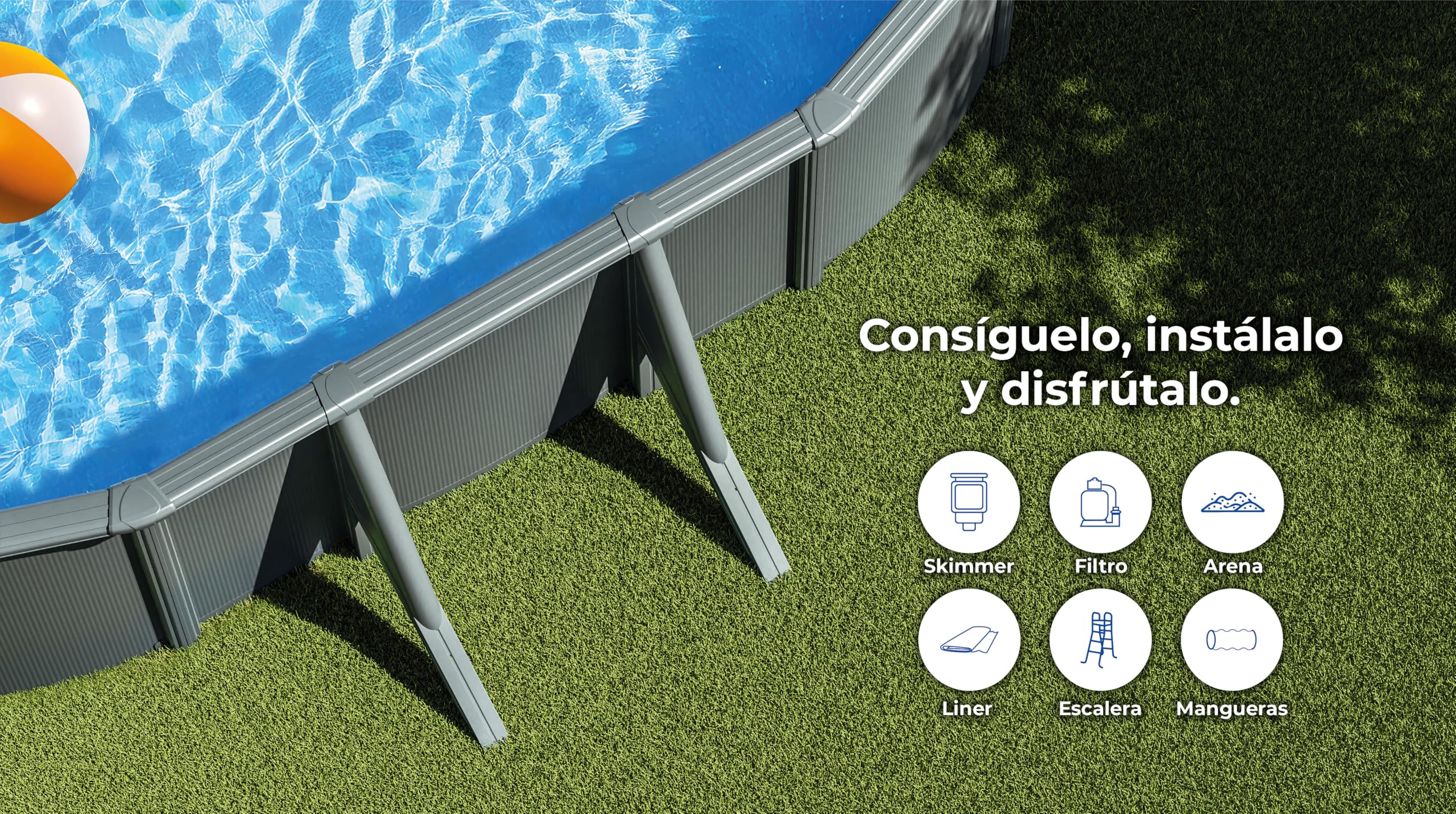 Piscina de Acero Elevada,Ovalada con Aspecto Acero Grafito. Piscinas Desmontables para Jardín. 610 x 375 x 120 cm - Piscina Gre KIT730GF Kea.