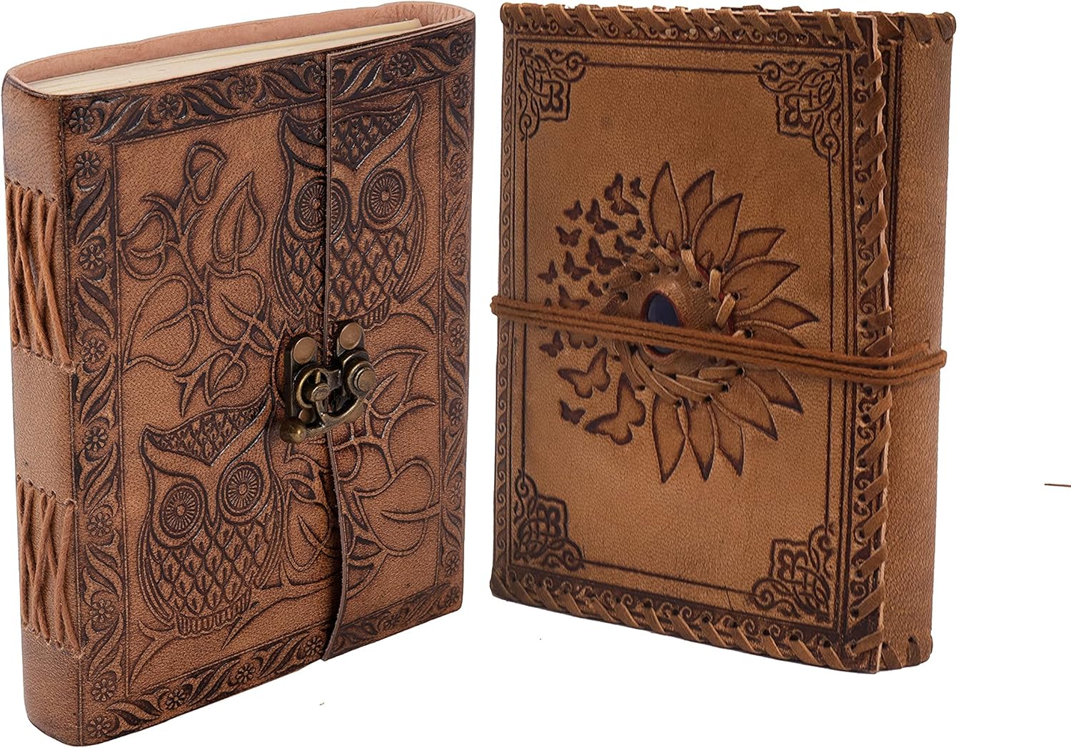 Owl Emboss Leather Journal And Blue Stone sun flower embossed leather journal, Sketchbook, Notebook, Blank Book, for Men and Women