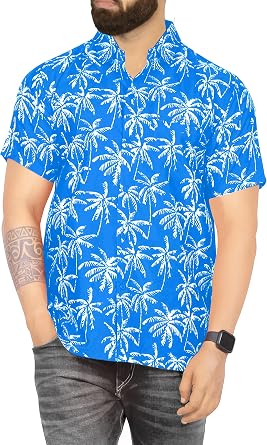 LA LEELA Mens Hawaii Shirt Button Down Luau Small Allover Trees Blue