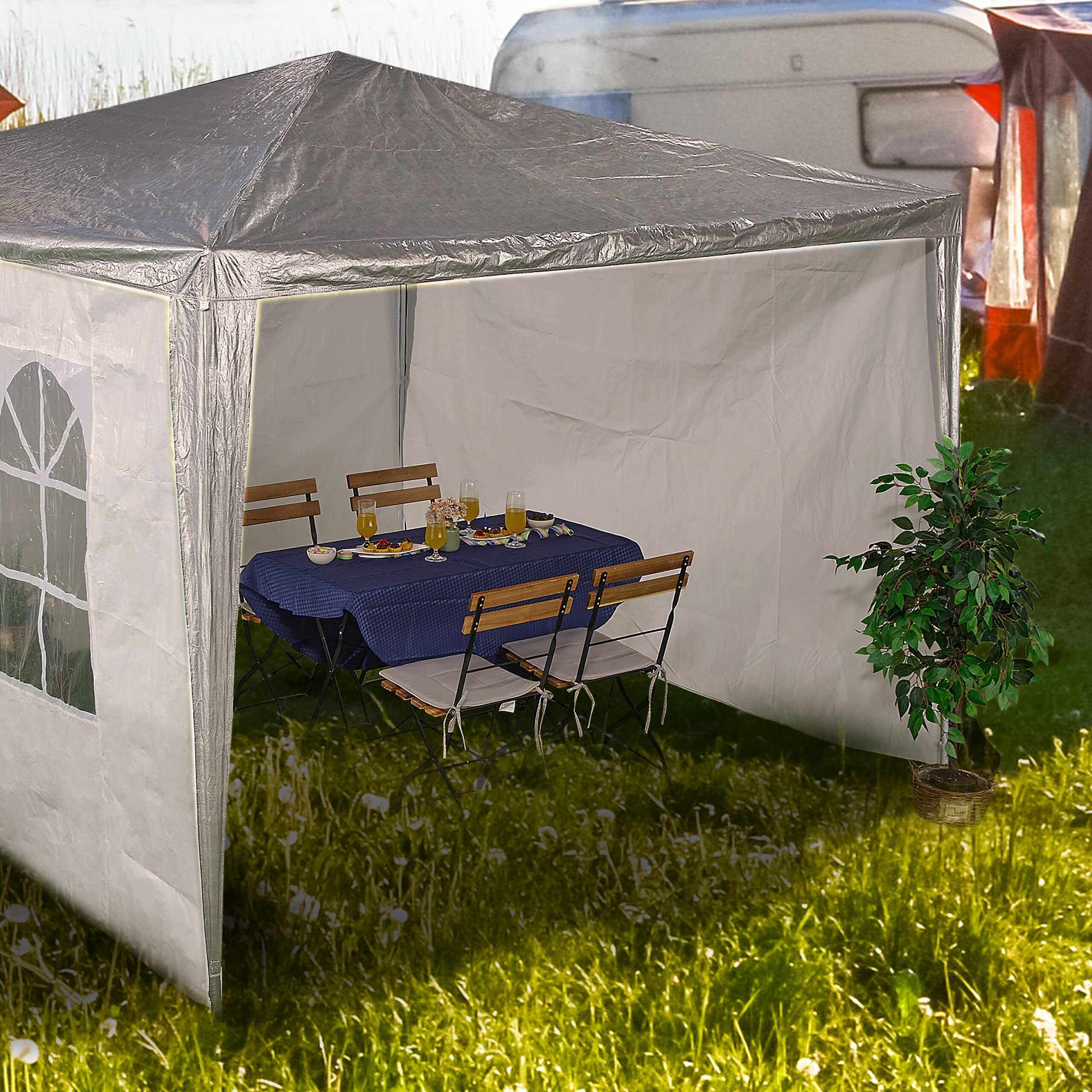 Relaxdays Seitenteile für Pavillon, 3er Set, 2x3 m, wasserdicht, Seitenwände mit Klettverschluss, PE, mit Fenster, weiß