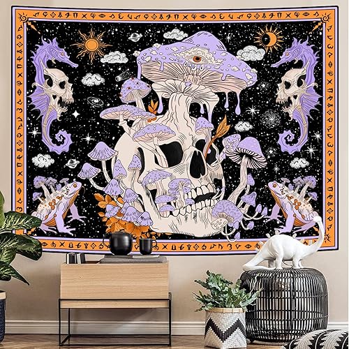 Miniatura 1 de LYANNA SU Divertido tapiz de calavera de hongo morado para dormitorio, tapiz colgante de pared, tapices de esqueleto para estética de sala de estar