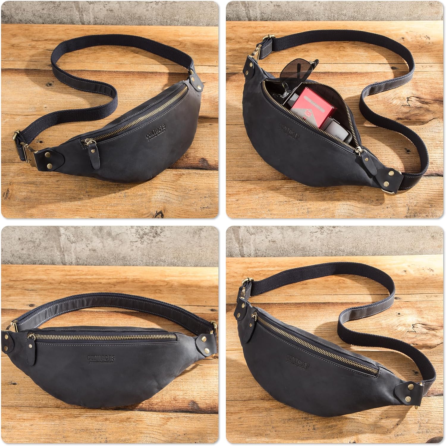 Top Grain Genuine Leather Slim Fanny Pack for Man & Woman, Minimalist Vintage Design, Handmade with Detachable Hardware, Slim Waist Bag Small Crossbody Belt Bag for Traveling or Riding, Blue - Image 8
