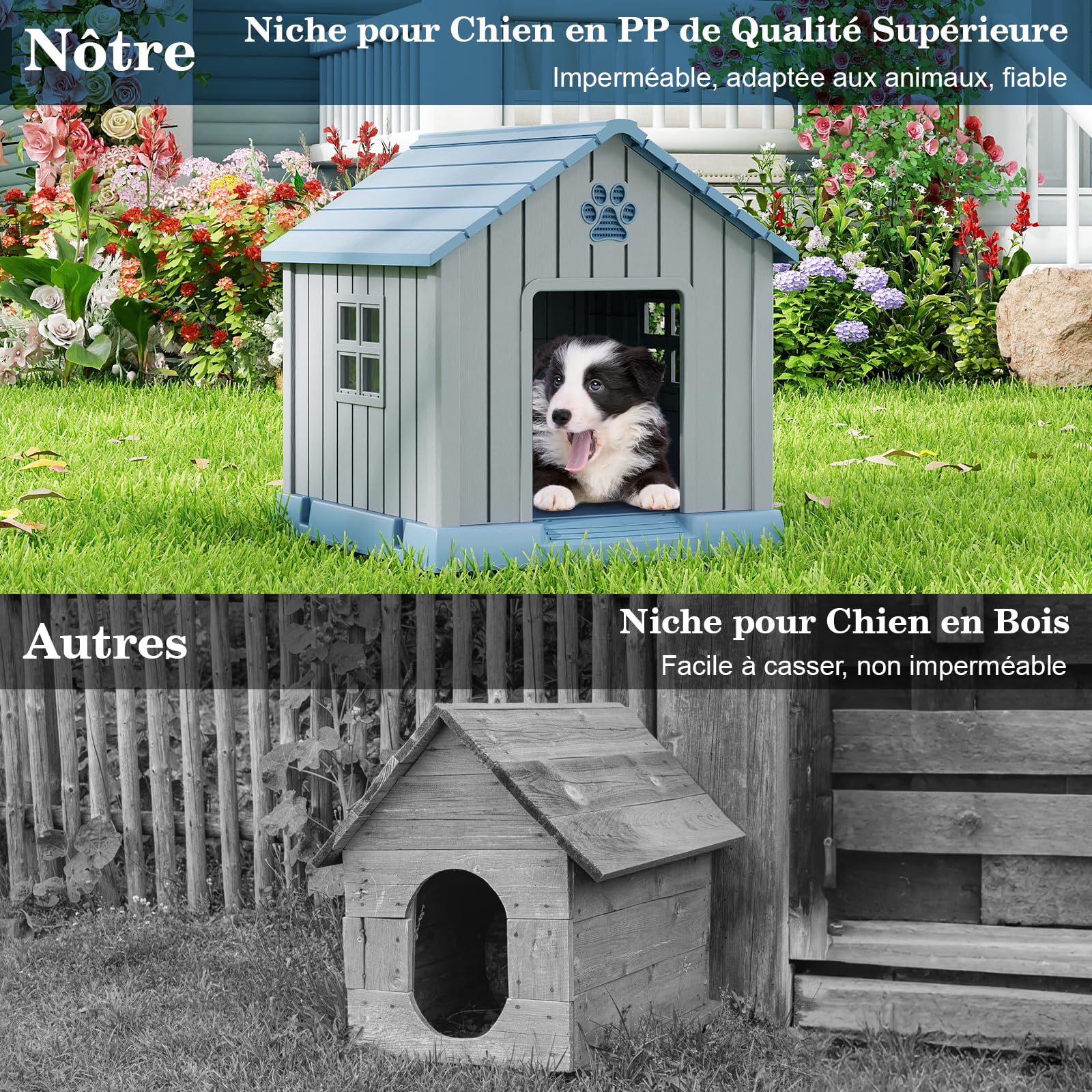 COSTWAY Niche pour Chien Exterieur Interieur en PP, Toit en Pente, 2 Fenêtres, Aérations, Cabane Chien Exterieur, 4 Piquest de Sol, Base Surélevé, pour Chiot Chat Lapin, 76 x 83 x 83 cm