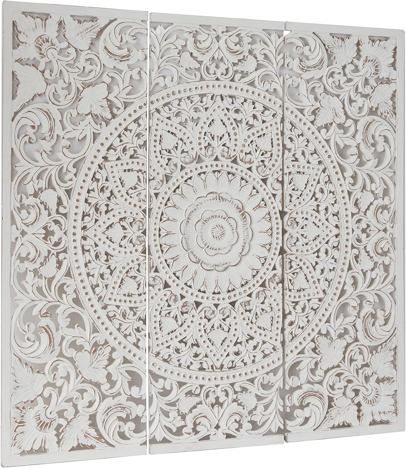 Deco 79 Wooden Floral Handmade Home Wall Decor Intricately Carved Wall Sculpture with Mandala Design, Set of 3 Wall Art 16" W, 48" H, White