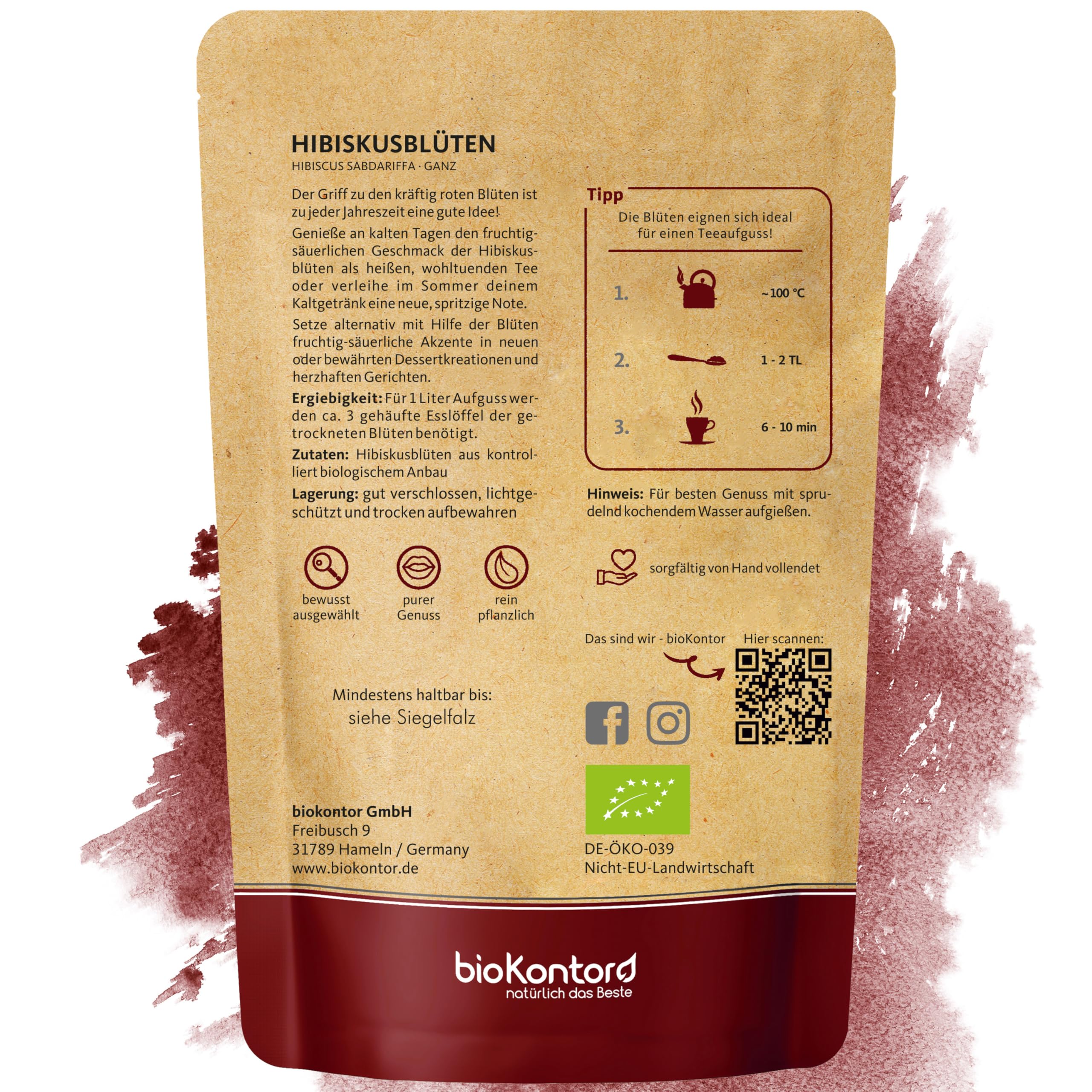 Hibiskusblüten BIO ganz und getrocknet 1000 g - Premium HIbiskus Tee - Hibiskusblütentee 100% natürlich aus biologischem Anbau - bioKontor