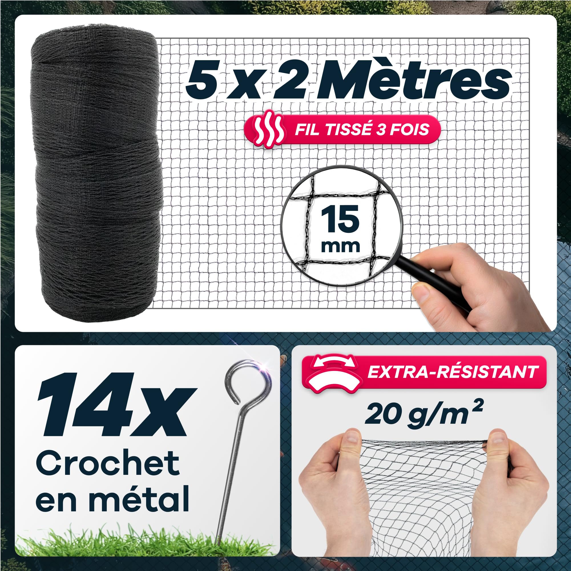 GEROBUG Filet de bassin mailles fines 5 x 2 m résistant aux intempéries UV protection hérons oiseaux filet