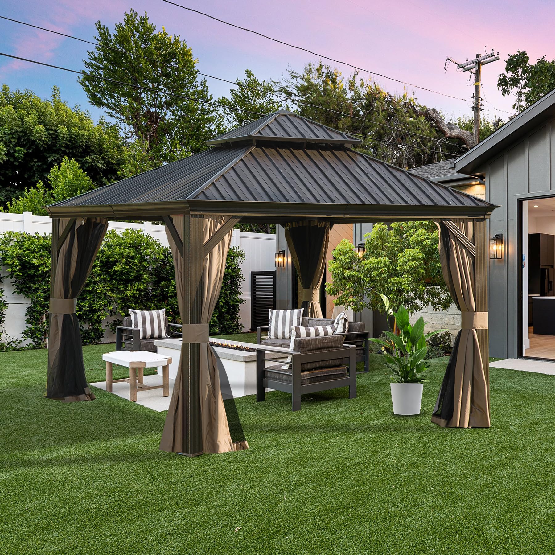 SHPAI 12’ x 12’ Outdoor Hardtop Gazebo with Gutters, Double Roof Galvanized Metal Gazebo for Backyard, Patio, Deck, Hot Tub, Heavy Duty Canopy