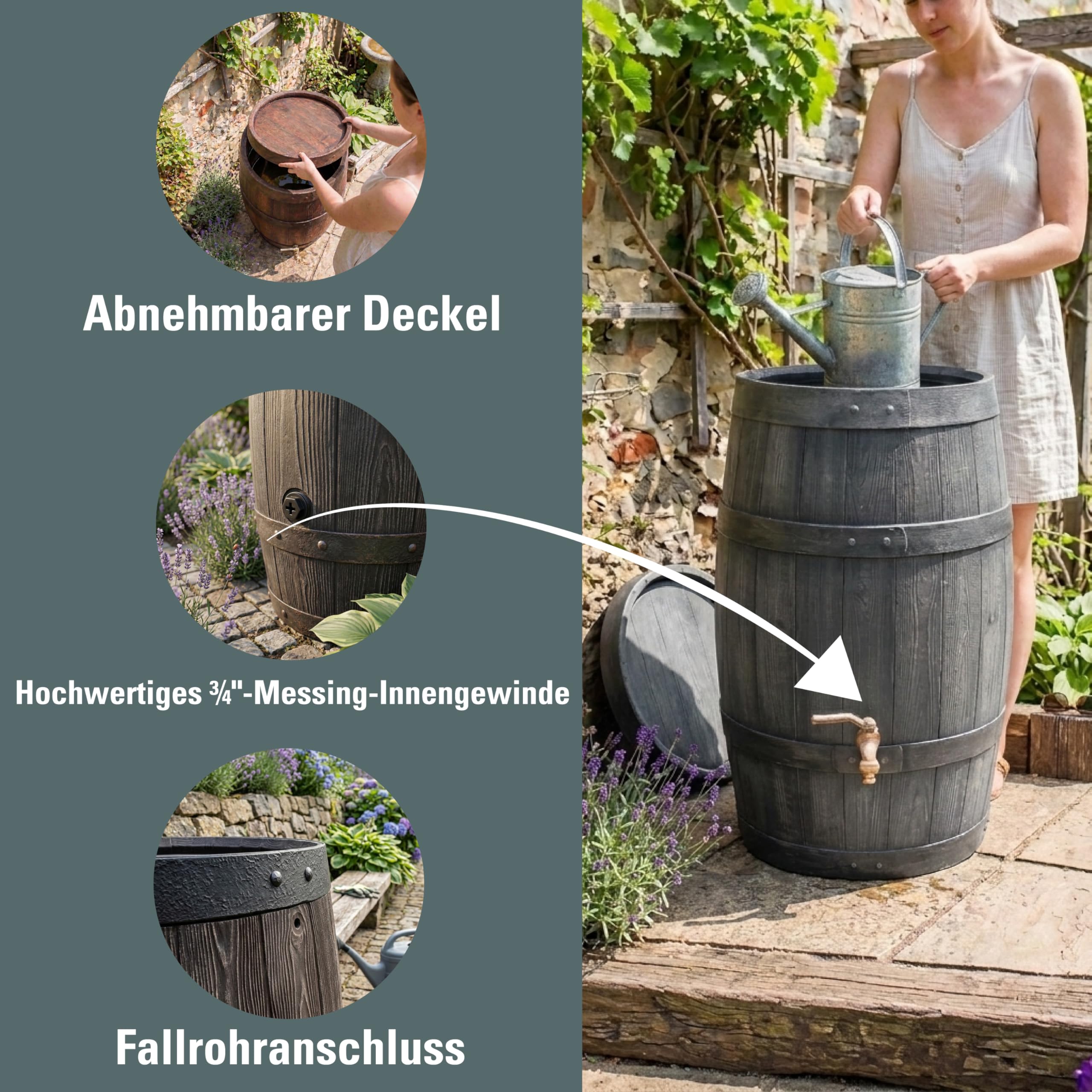 Prosperplast Regentonne rund Regenwassertank Barrique 250 Liter in braun UV- und witterungsbeständigem Material Regenfass Regenwassertonne mit kindersicherem Deckel und Messinggewinde