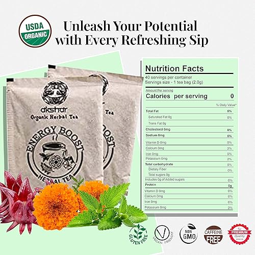 Miniatura 2 de Akshit Bolsas de té Natural Energy, 80 bolsas de té, mezcla de té energético con hojas de moringa, flor de hibisco, menta y flores de caléndula