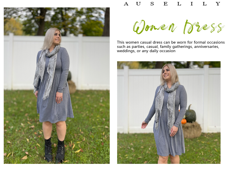 Vestido Envolvente AUSELILY Para Mujer - Manga Larga, Escote V, Con Bolsillos, Tejido Elástico (90% Poliéster, 10% Elastano)