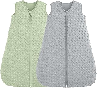 Schlafsack Baby 0-6 Monate 1.5 Tog, Neugeborene Schlafsack Herbst mit Plüsch Punkte, Weiche Winter Schlummersack Baumwolle, Baby Tragedecke Grün&Grau 2er Pack 67cm