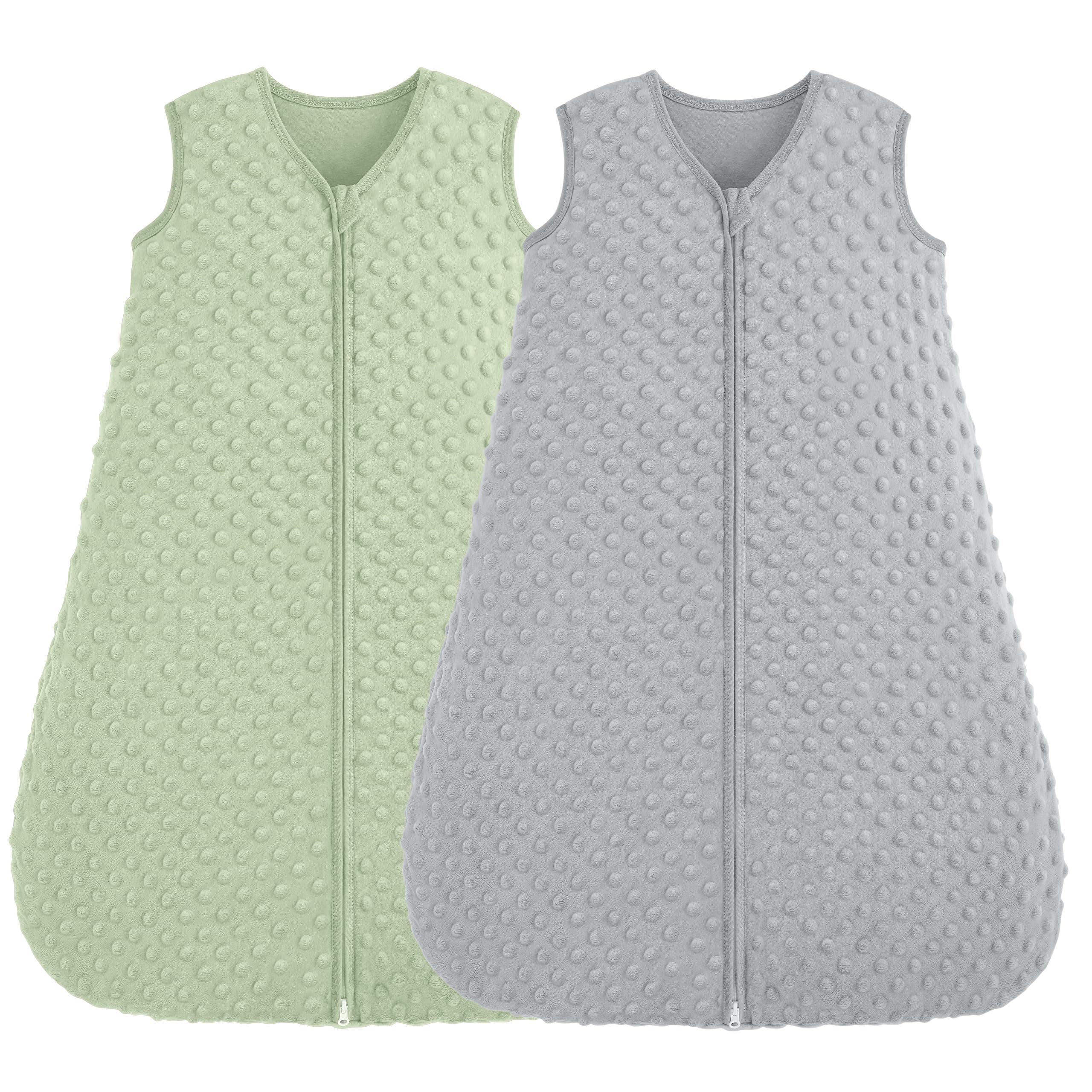 FIEMOL Schlafsack Baby 6-12 Monate 1.5 Tog, Neugeborene Schlafsack Herbst mit Plüsch Punkte, Weiche Winter Schlummersack Baumwolle, Baby Tragedecke Grün&Grau 2er Pack 78cm