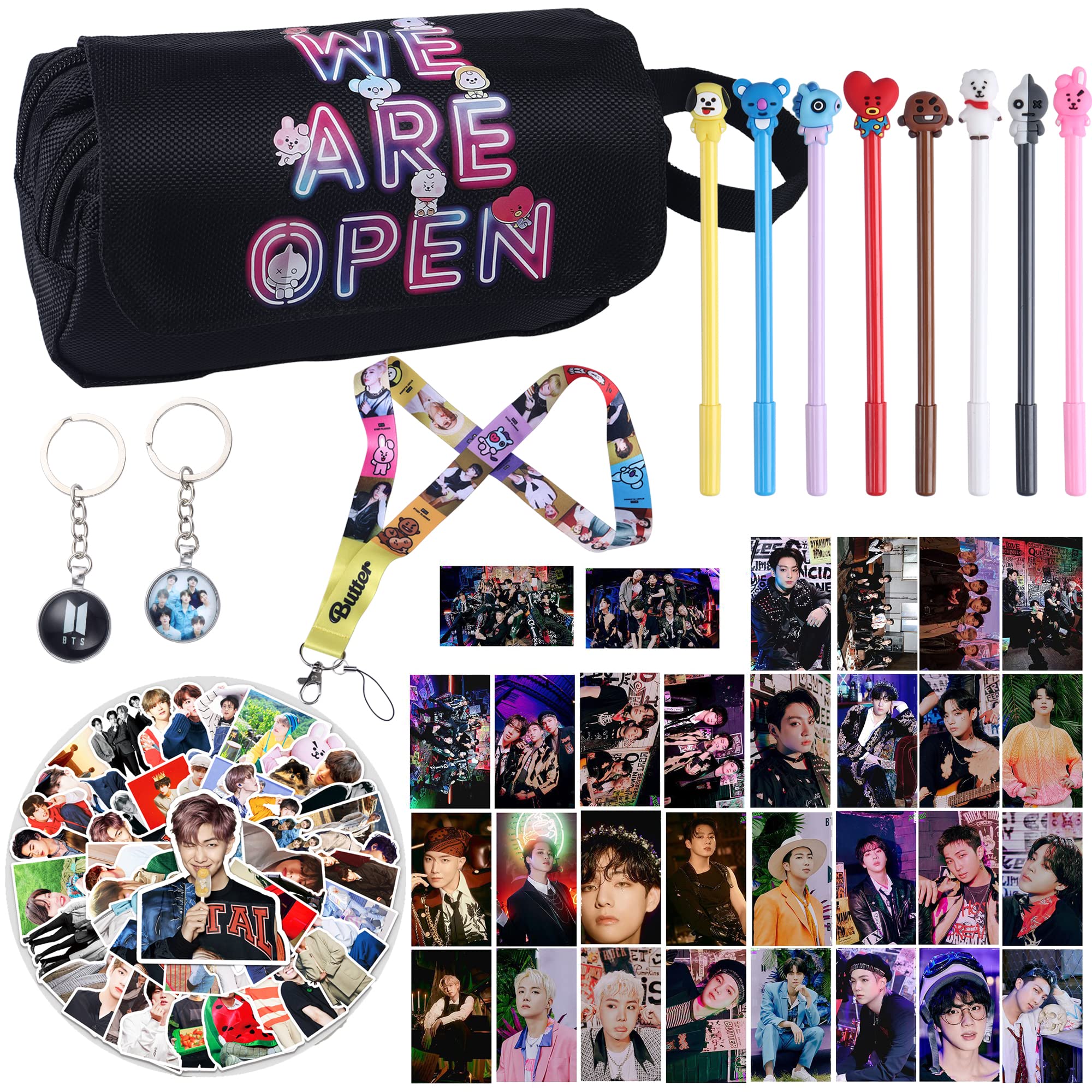 BTS Merchandise Gift Package, BTS Merch Including 1 Storage Bag, 1 Lanyard, 8 Pens, 50 Sticker, 2 Keychain, 30 Photocards
