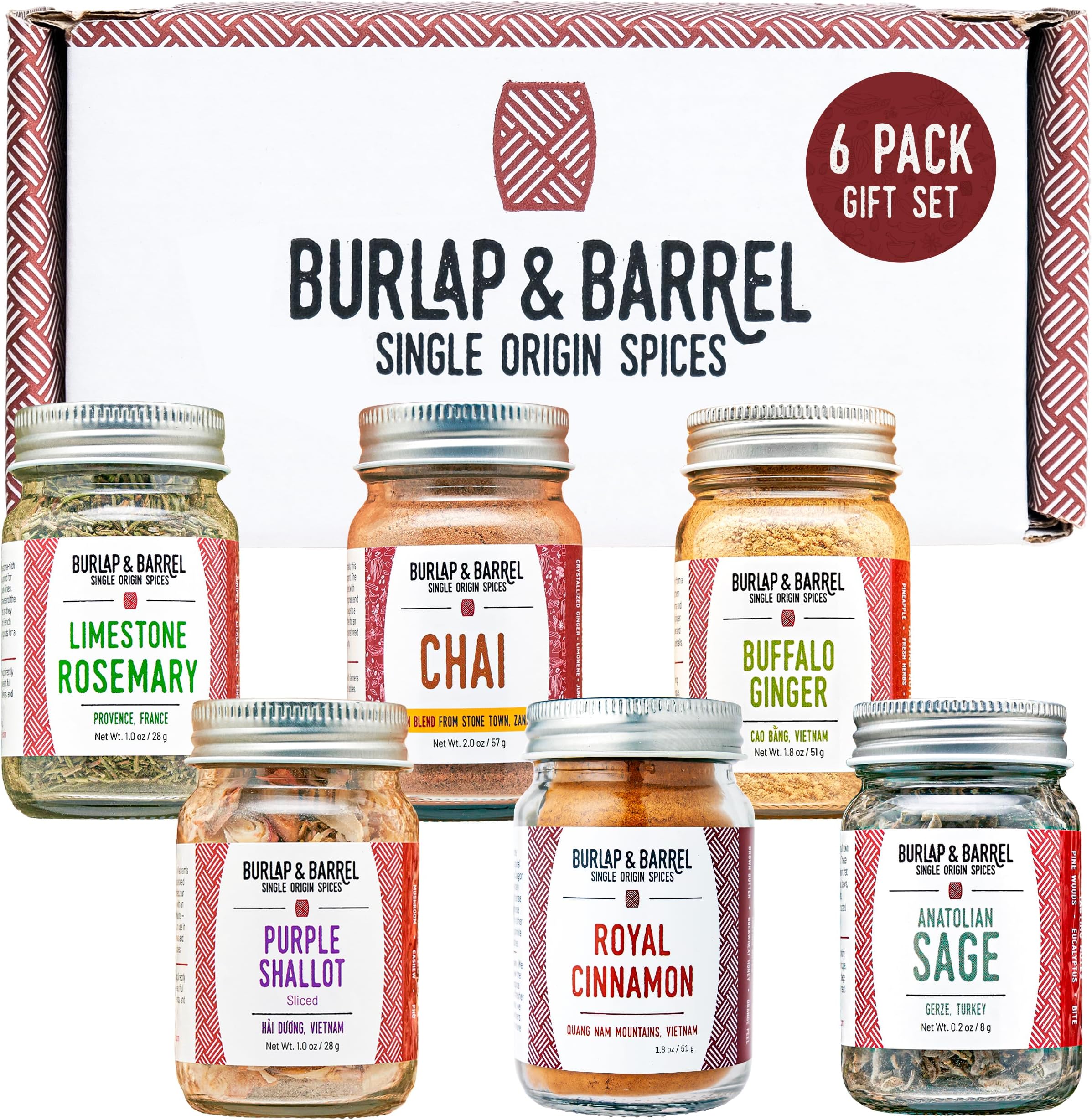 Burlap & Barrel Cooking & Baking 6-Pack Gift Set – As Seen on Shark Tank! Gourmet Spices for Home Chefs – Includes Cinnamon, Rosemary & More – 6 Full-Size Jars
