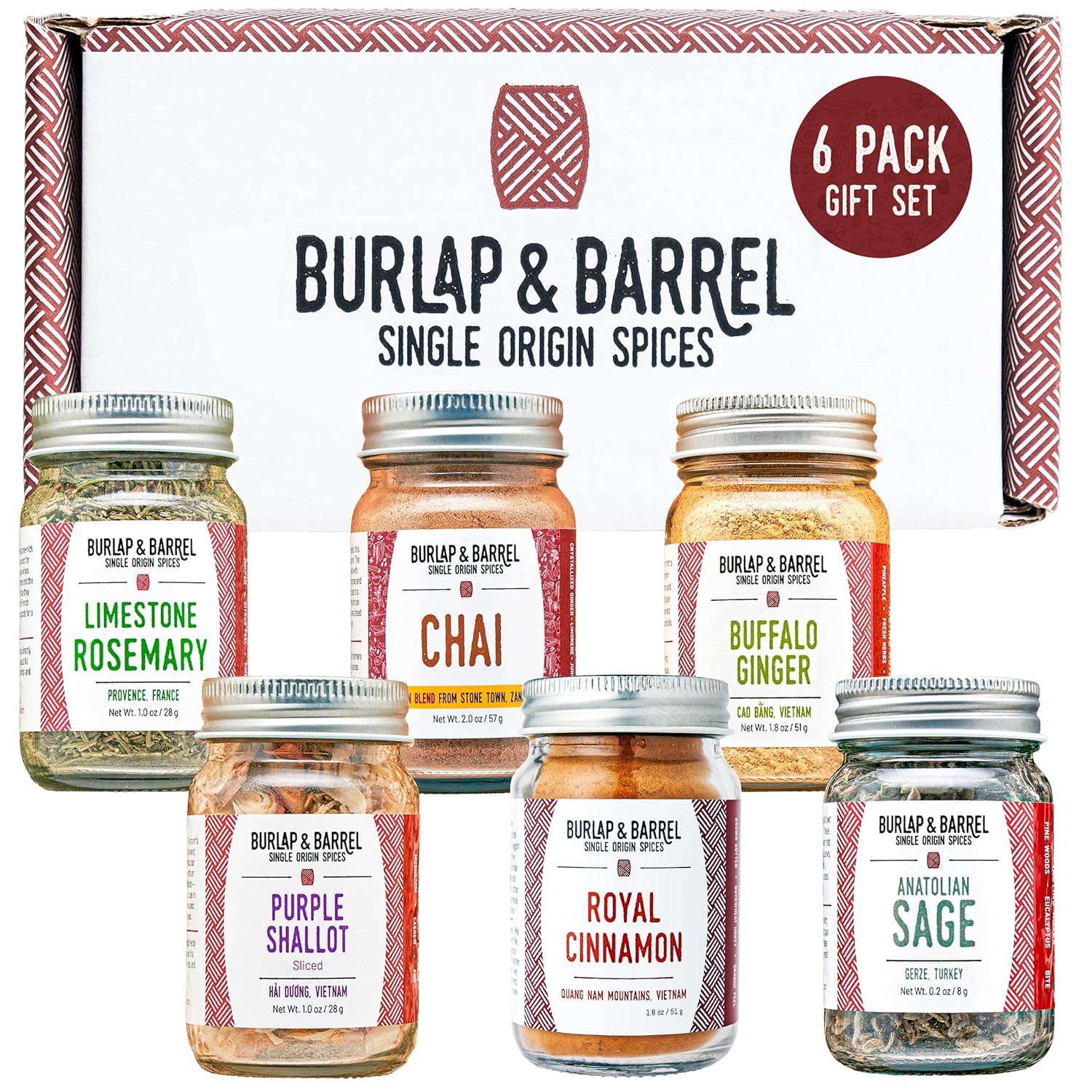 Burlap & Barrel Cooking & Baking 6-Pack Gift Set – As Seen on Shark Tank! Gourmet Spices for Home Chefs – Includes Cinnamon, Rosemary & More – 6 Full-Size Jars
