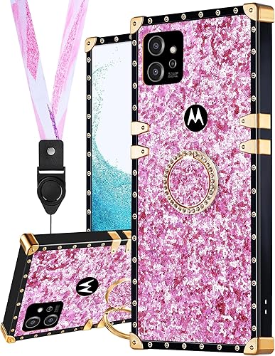 Loheckle Funda cuadrada para Moto G Power 5G 2023 para mujeres y adolescentes, diseño cuadrado lindo con soporte de anillo y cordón elegante