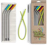 SoftyStraws Premium 9" Reusable Stainless Steel Straws with Silicone Tips, Patented Cleaners & Case - Curved for 20-32oz Tumblers