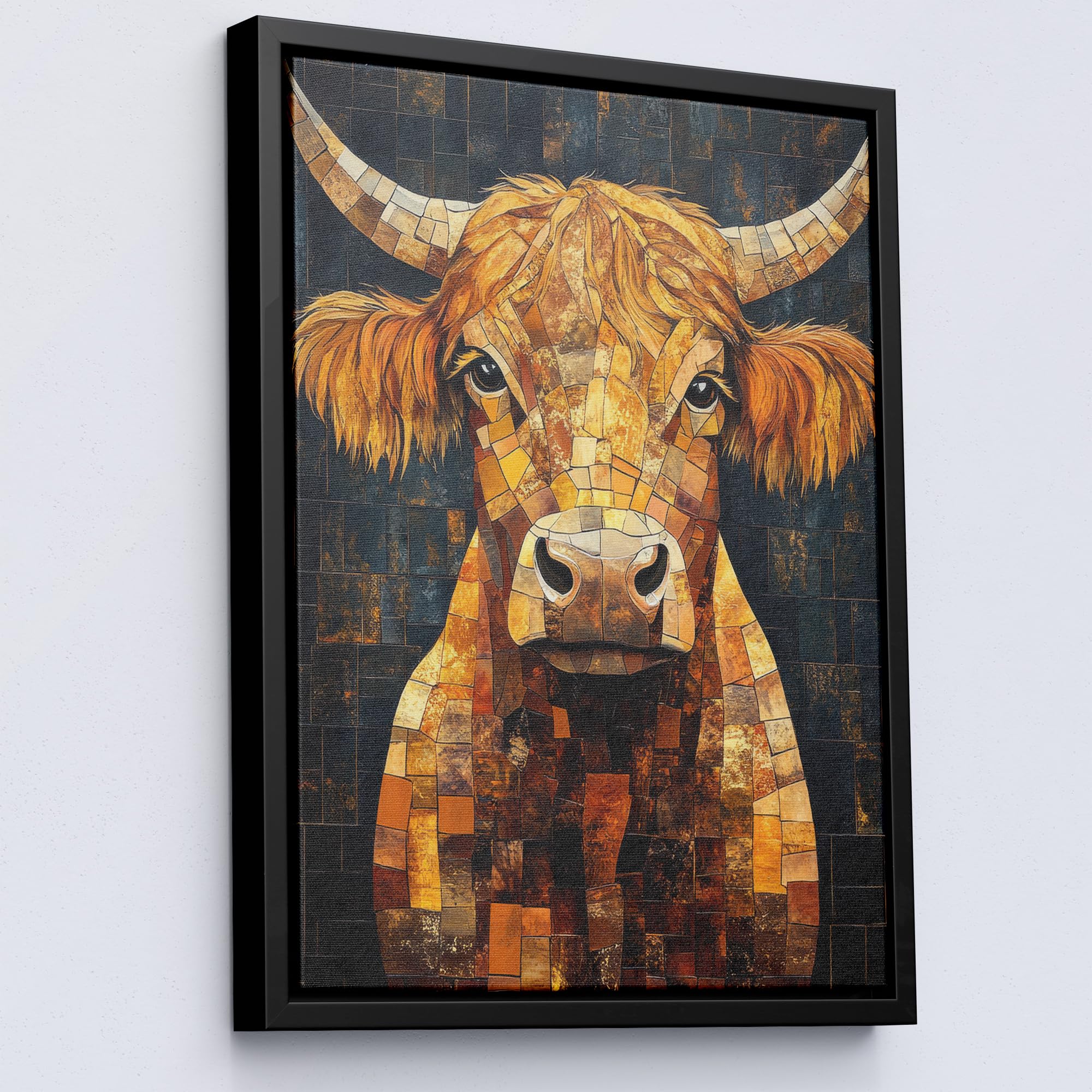 Lithobee - Rustic Highland Cow Mosaic Canvas Print in Warm Earthy Shades Black Framed Canvas 16x12inch(40x30cm) - Style No: 421