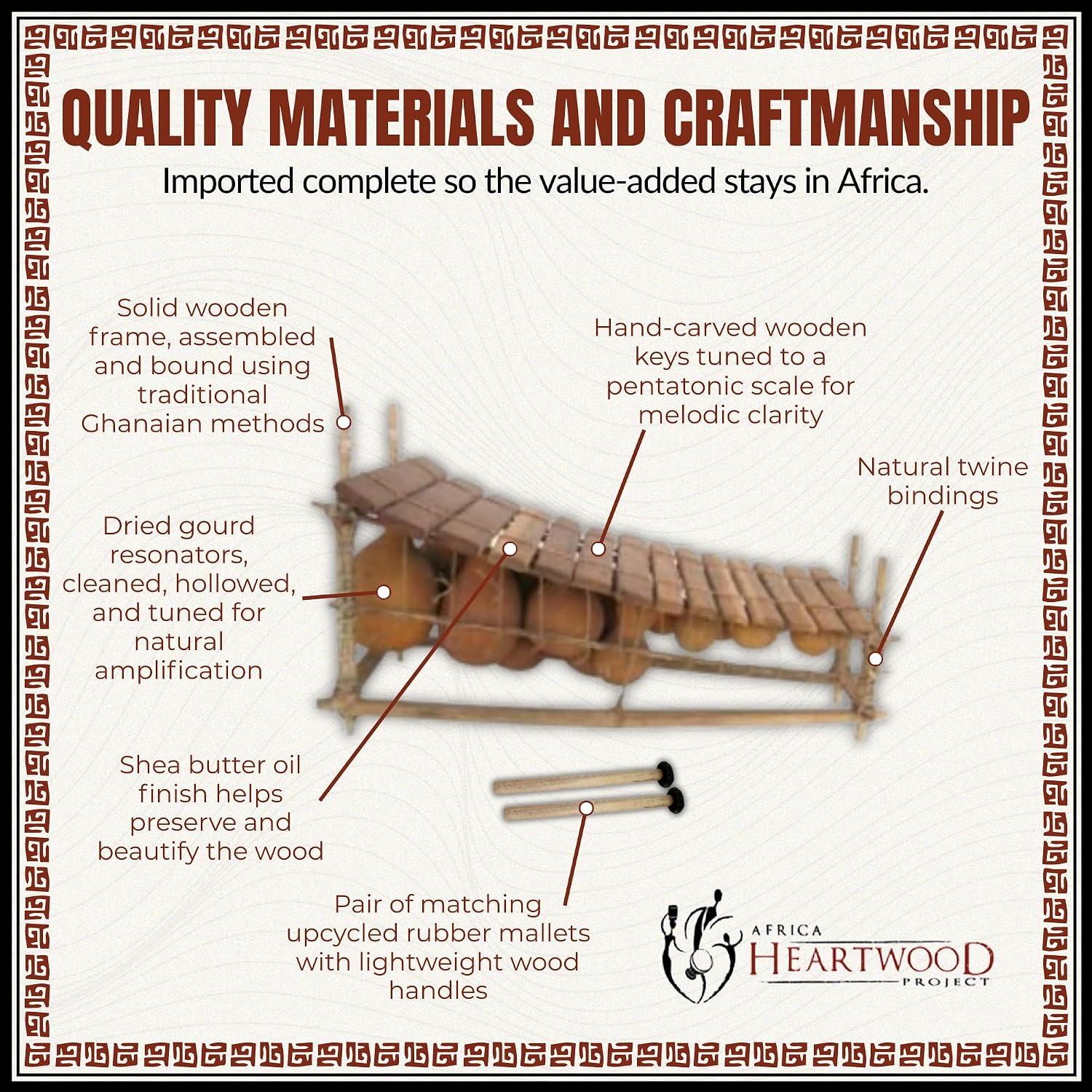 Africa Heartwood Project Classic Heartwood Gyli with Mallets – 10 Key C Pentatonic - African Marimba Xylophone Balafon from Ghana, Handcrafted by Village Artisans - Key of C-C#