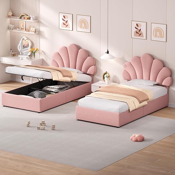 ModernLuxe 3FT Upholstered Single Bed Frame with Adjustable Petal-Shaped Headboard, Hydraulic Ottoman Bed with Hidden Storage, Solid Wood Slats, Velvet, Pink, 90x190cm (No Mattress)