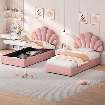 ModernLuxe 3FT Upholstered Single Bed Frame with Adjustable Petal-Shaped Headboard, Hydraulic Ottoman Bed with Hidden Storage, Solid Wood Slats, Velvet, Pink, 90x190cm (No Mattress)