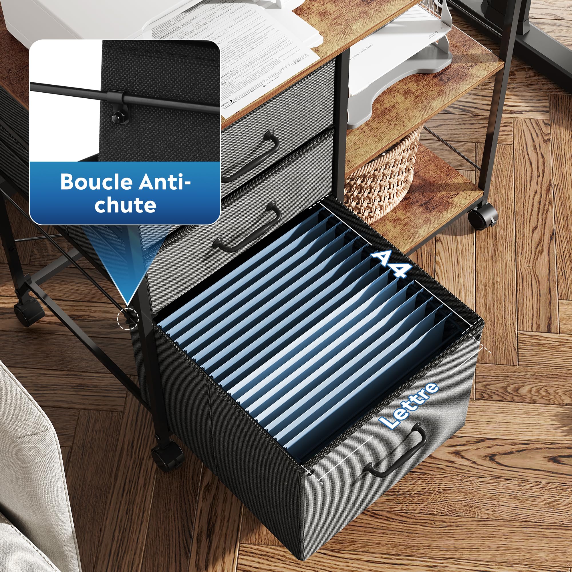 DEVAISE Caisson de Bureau Mobile 3 Tiroirs - Meuble Imprimante avec Étagère Ouverte pour A4/Letter - Gris