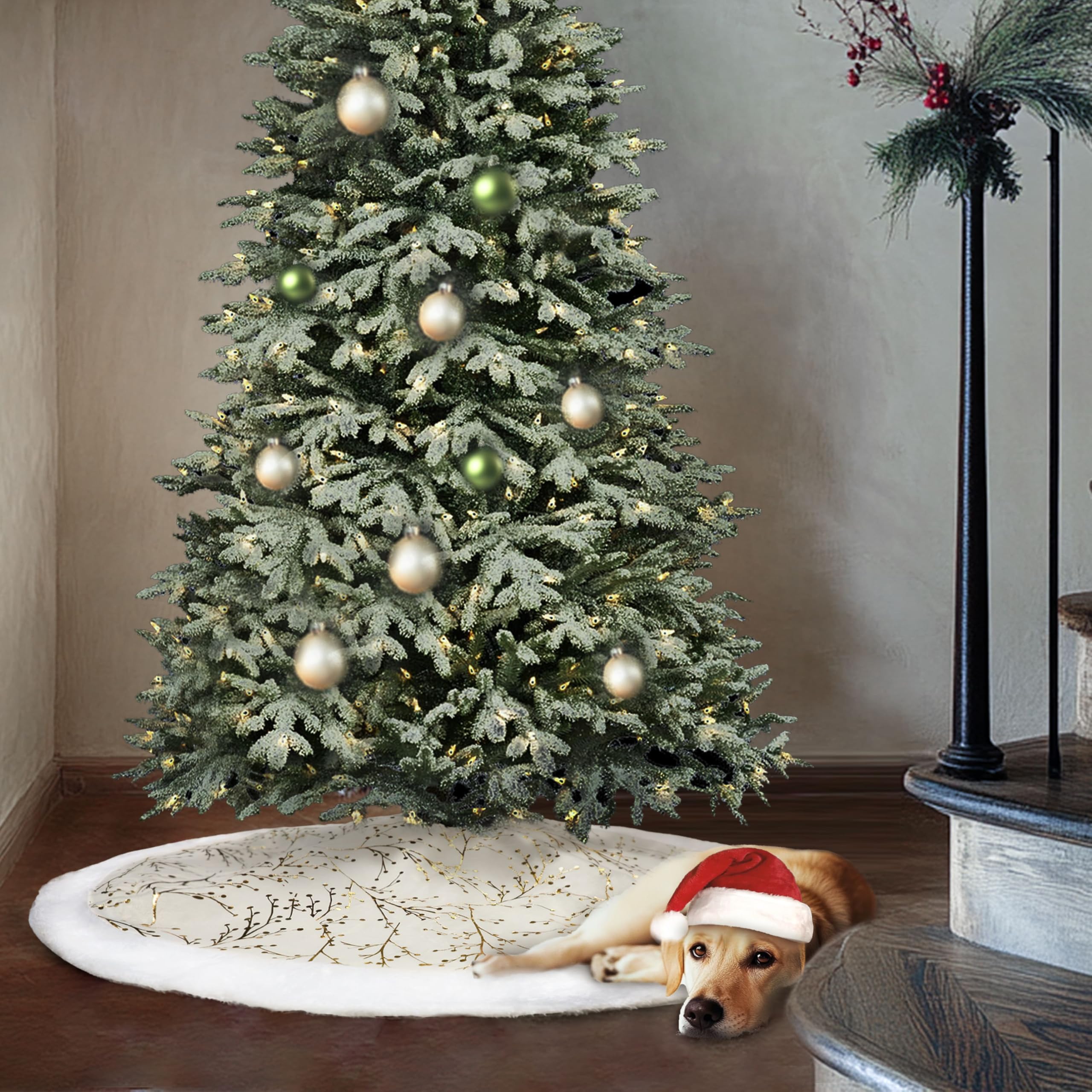 Jupe de sapin de Noël de 150 cm - Blanc et doré - Fausse fourrure - Ronde - Épaisse - En velours - Pour décoration de sapin de Noël