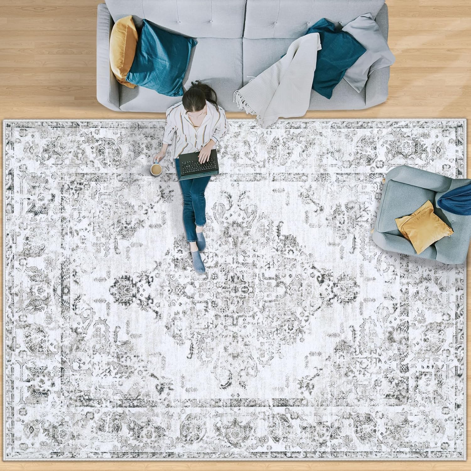 MXSANYOO 8x10 Area Rugs for Living Room: Machine Washable Rug Boho Non Slip Large Rug Vintage Floral Low Pile Rug for Bedroom Kitchen Nursery Dining Room Laundry - Grey Grey 8'x10'