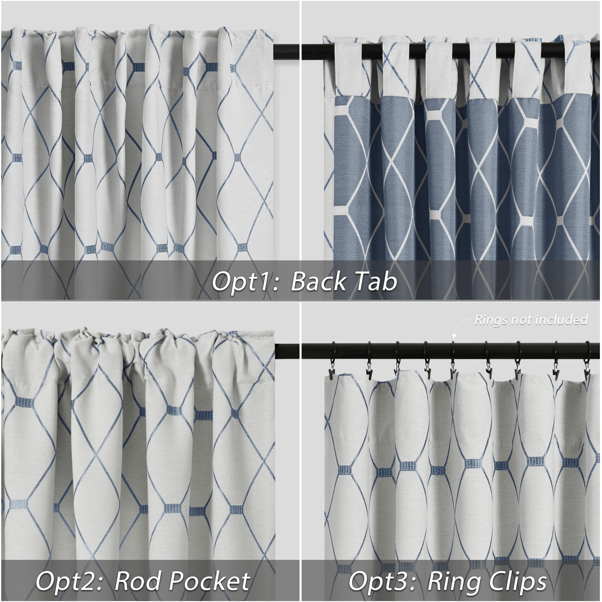 Nanspring Cortinas blancas crema de 259 cm de largo, juego de 2 paneles para sala de estar, pestaña trasera, patrón geométrico azul bordado, lino neutro, texturizado, 50% cortinas opacas de 102