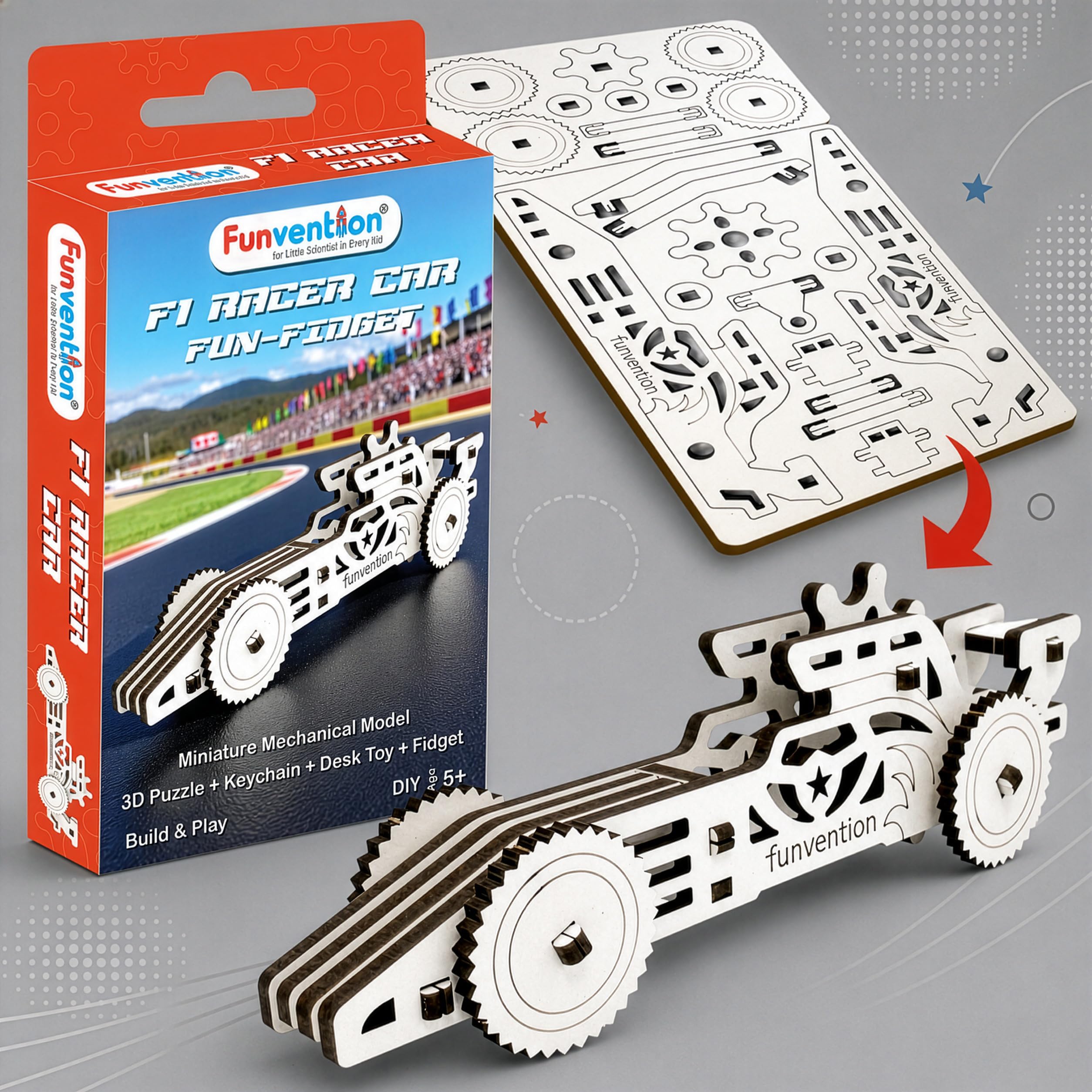Funvention Fun Fidgets - F1 Racer Car | DIY Mini Mechanical Models | 3D Puzzle for Kids 5+ Years Made in India STEM Learning Toy-image-3