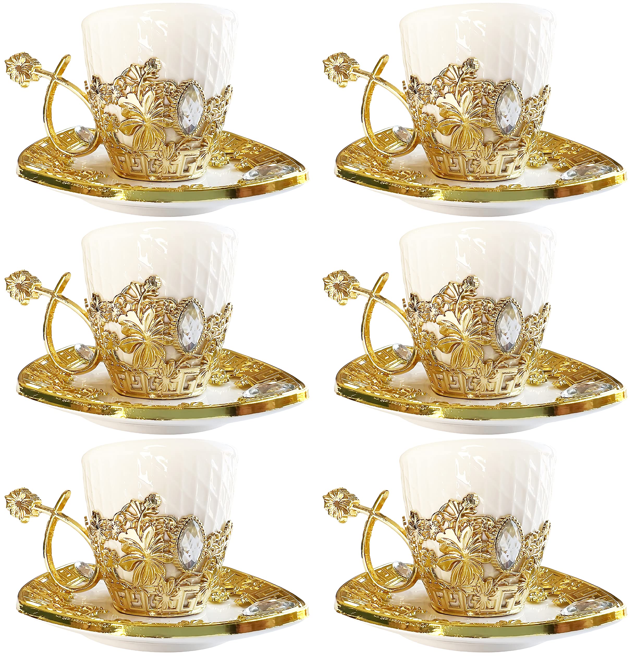 Chandler Turkish Coffee Set Espresso Greek Arabic Coffee Cup and Saucer 3 Fl oz with Gold Acrylic Gift Box Collection of 7 Colors and Designs (White with Gold and White Gem)