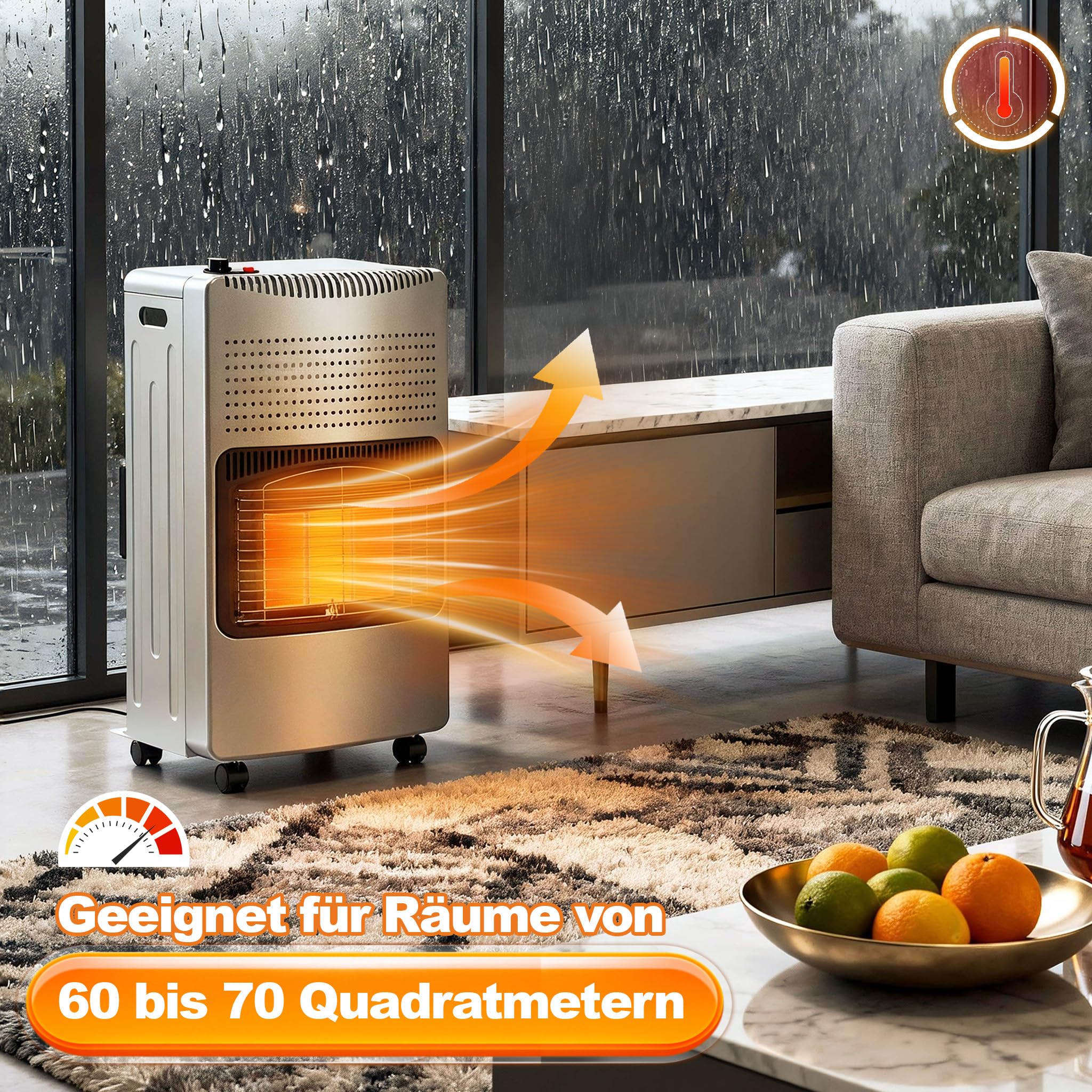 UISEBRT Gasheizung für Innenräume,Gasofen 3 Heizstufen 1500W - 2750W - 4200W,Gasheizer inkl. Gasdruckregler Gasschlauch,Heizstrahler Gasheizgerät, Infrarot, Butan- Propangasflascheng,Grau