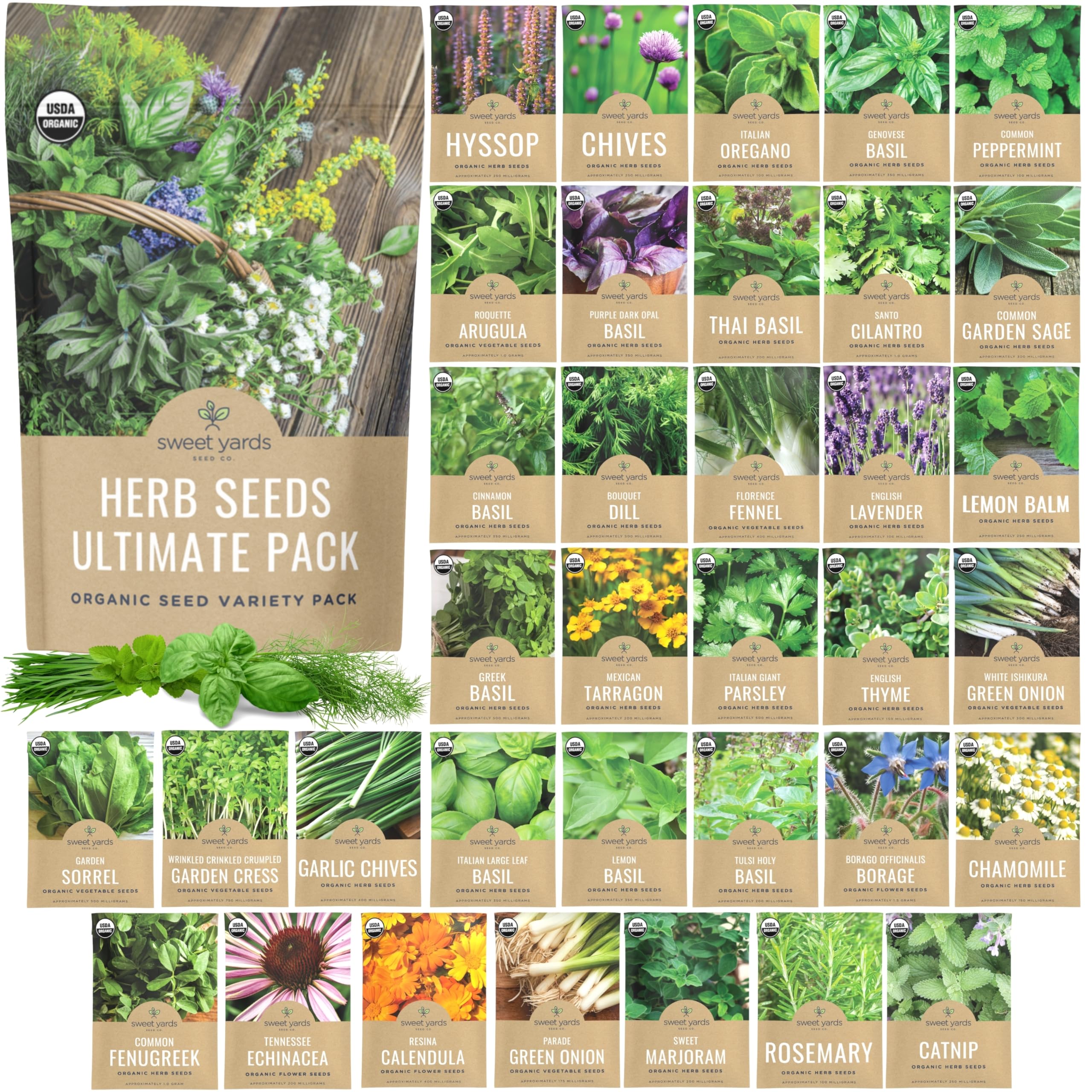 Organic Herb Seeds Variety Pack - 35 Individual Packs - 2026 Season - Basil, Cilantro, Dill, Thyme, Parsley and More! for Indoor & Outdoor Planting (Non-GMO, Certified Organic)