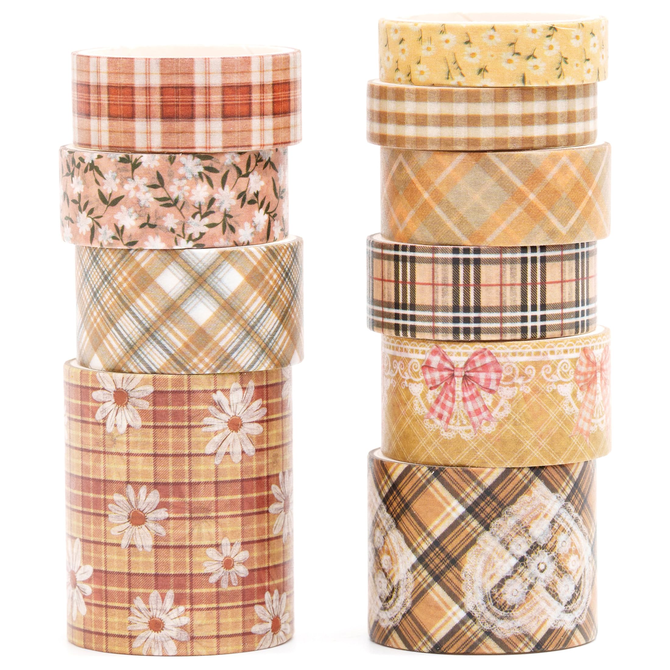 Songdao 10 Rolls Vintage Floral Washi Tape Set Pastel Plaid Arts Adhesive Tapes Soft Colors Decorative Masking Tape Sets for Craft, Kids, Scrapbook, DIY, Gift Wrapping (Golden Daisy)