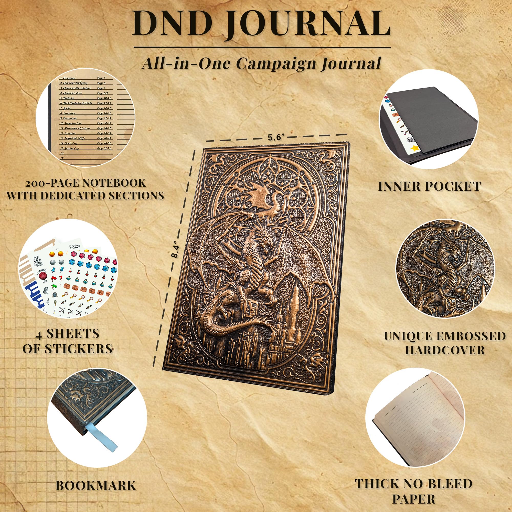 DnD Journal | Taccuino di D&D con copertina rigida in rilievo con drago 3D | Diario dei personaggi DnD e tracker della campagna | 150+ adesivi DnD inclusi | Fogli di personaggi D&D | Regali DND,