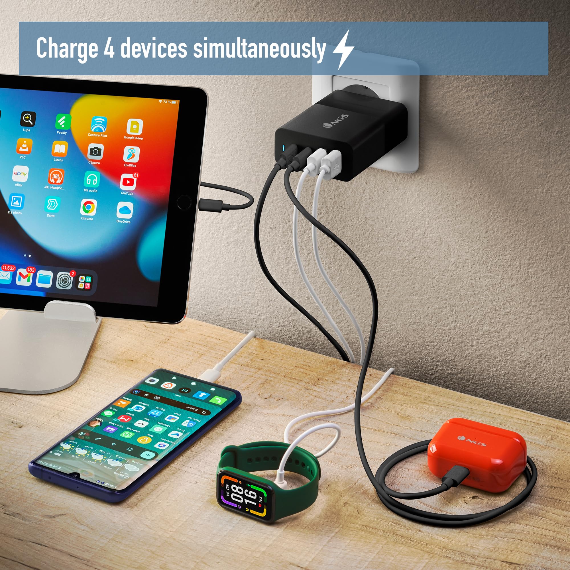 NGS Bud 100 W - Caricatore da parete ultra veloce con 2 porte USB-C(PD & PPS 100 W) 2 USB-A (QC 3.0 30 W) compatto e portatile per smartphone tablet portatili Materiali GAN ignifughi Ricarica
